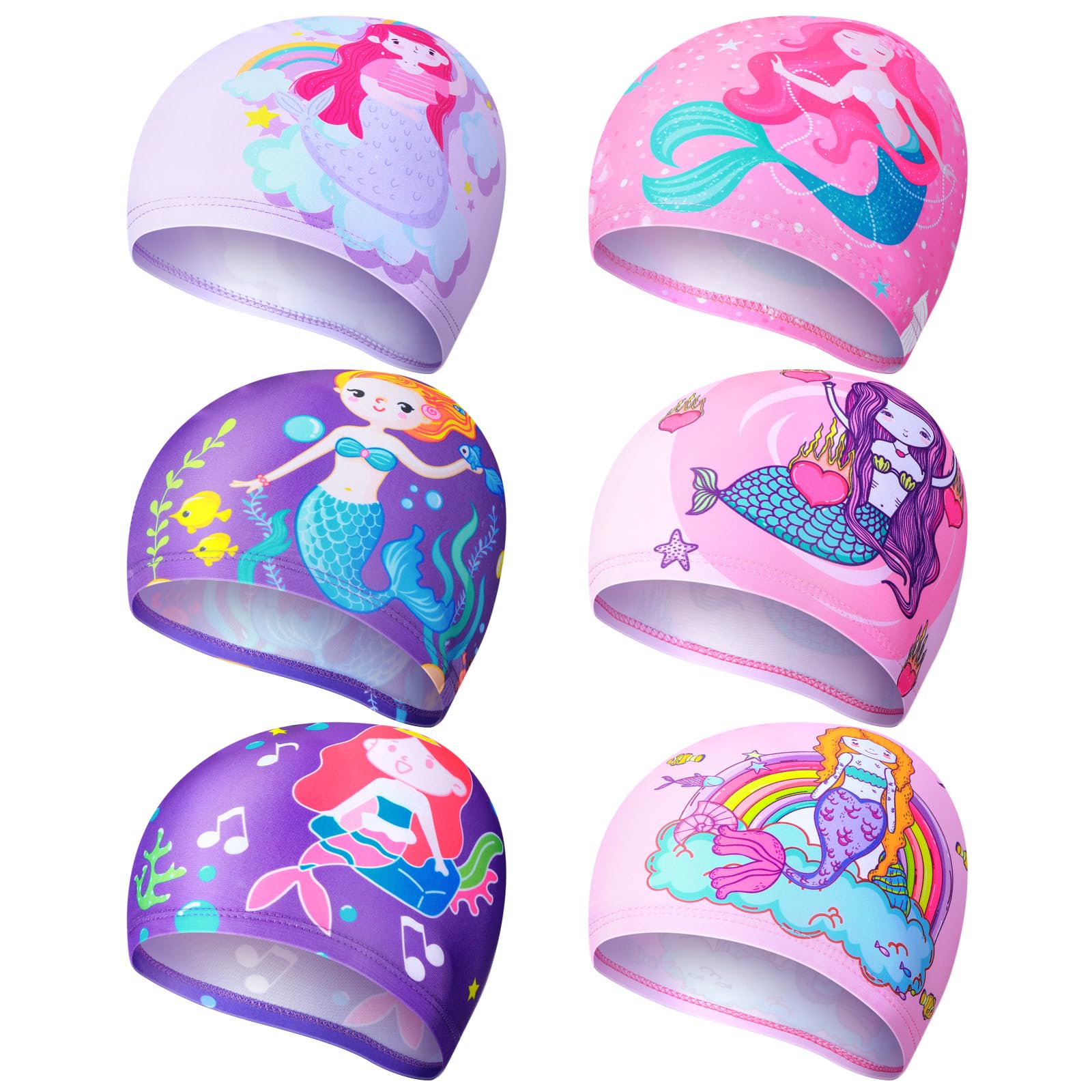Fourluoo 6 Pcs Kids Swim Caps Rainbow Horse Unicorn & Mermaid Design Ear Cover for Toddler Girls Boys Age 2-12 Bathing Hats (Mer