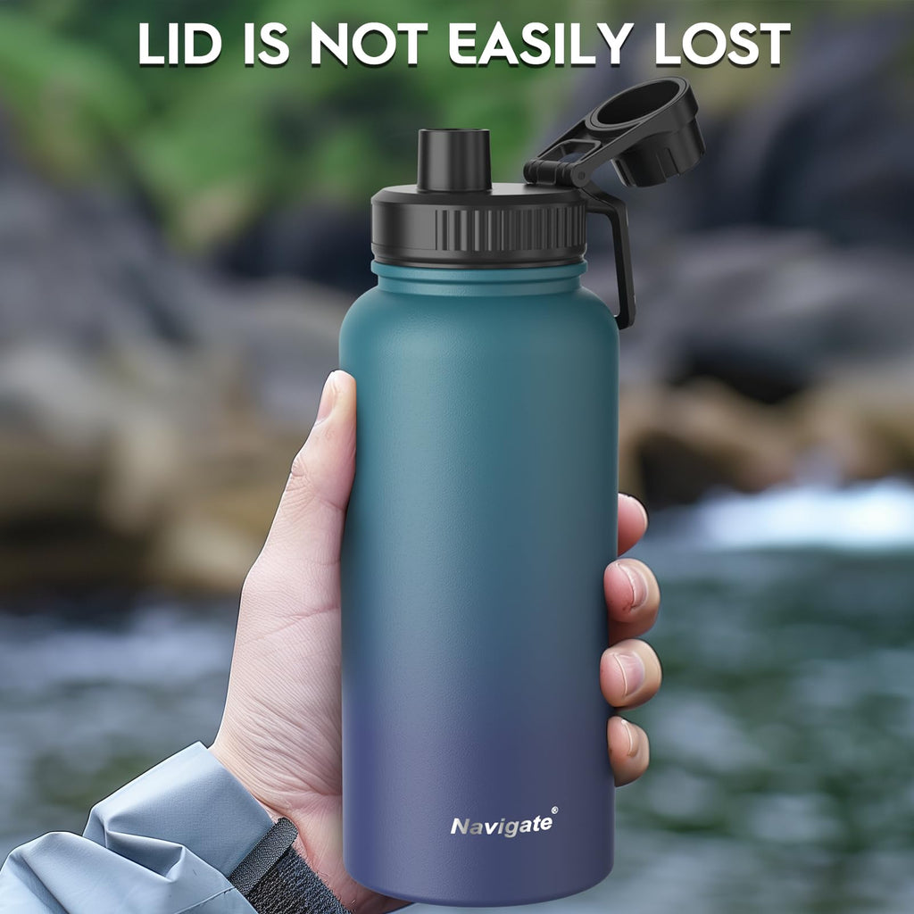 Navigate 32 oz Insulated Stainless Steel Sports Water Bottle with Spout & Handle Lids,Wide Mouth Water Jug with Double Walled Le
