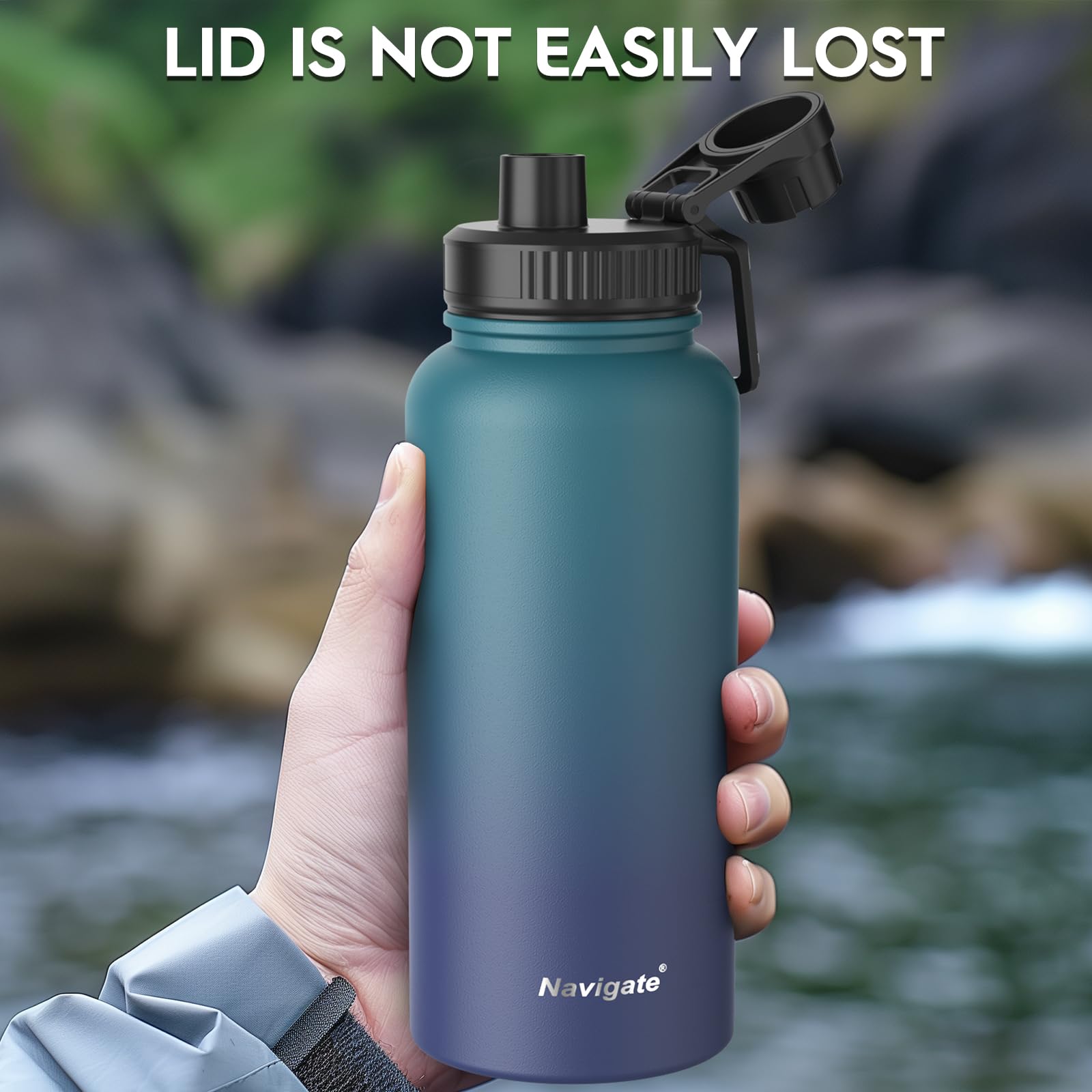 Navigate 32 oz Insulated Stainless Steel Sports Water Bottle with Spout & Handle Lids,Wide Mouth Water Jug with Double Walled Le