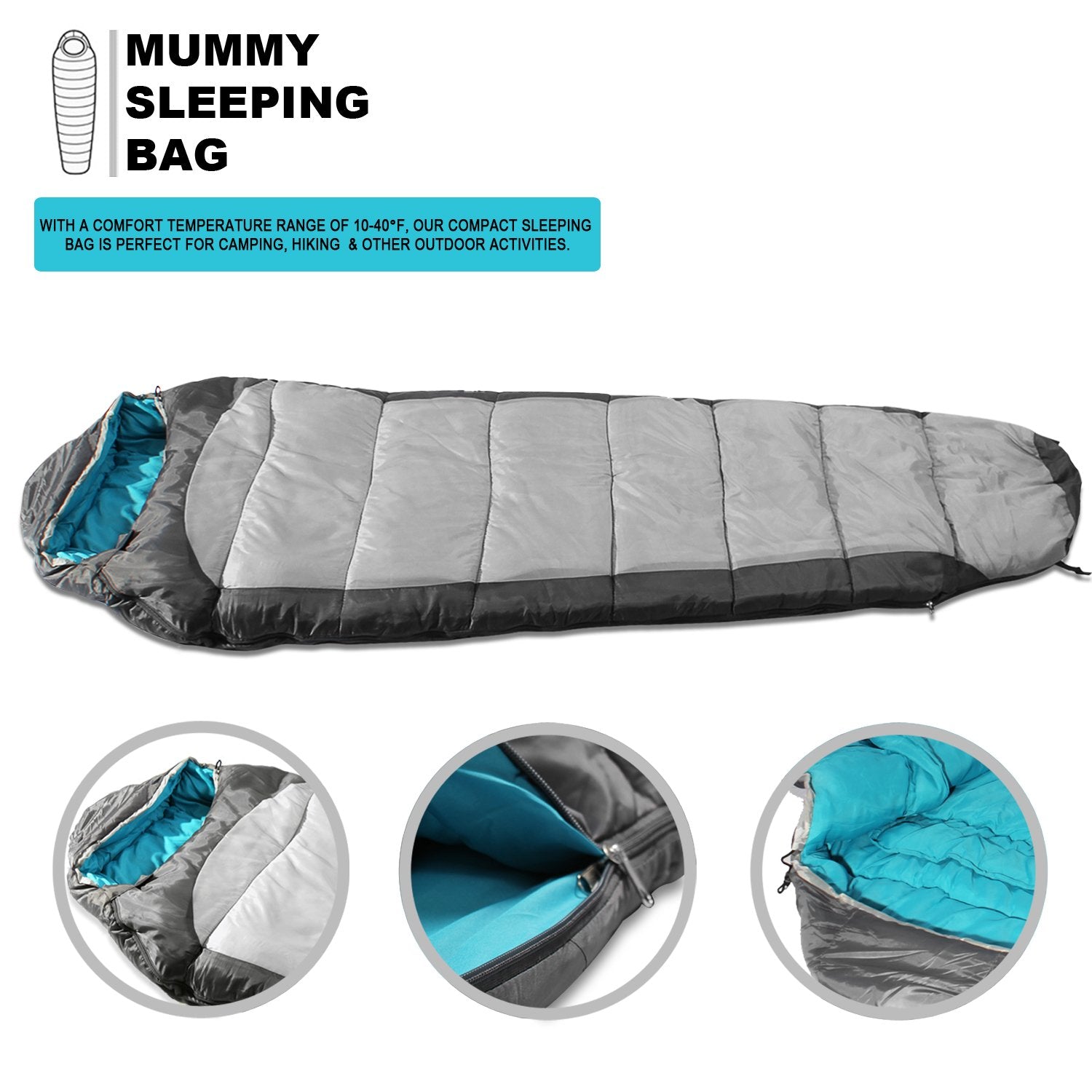Khomo Gear Sleeping Bag Mummy Style - 3 Season - Camping & Outdoors - Grey