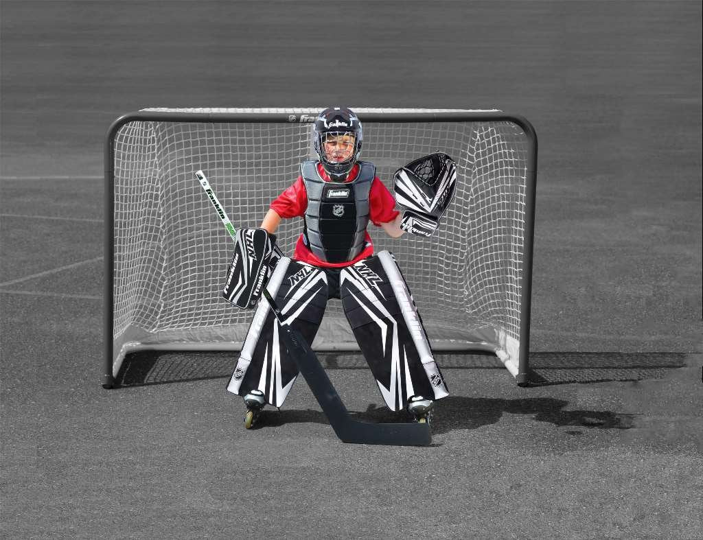 Franklin Sports Kids Street Hockey Goalie Pads Set - Youth Street Hockey Goalie Gear - Junior Blocker, Glove + Pads - Comp100 Ad