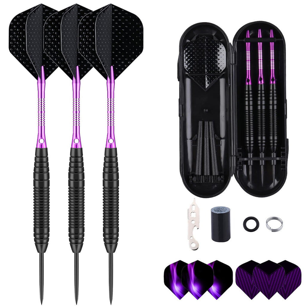 Sanfeng Steel Tip Darts Set For Dartboard, Professional Darts With Metal Tip 22 Grams Purple Aluminium Shafts 9 Flights 50 Rubbe