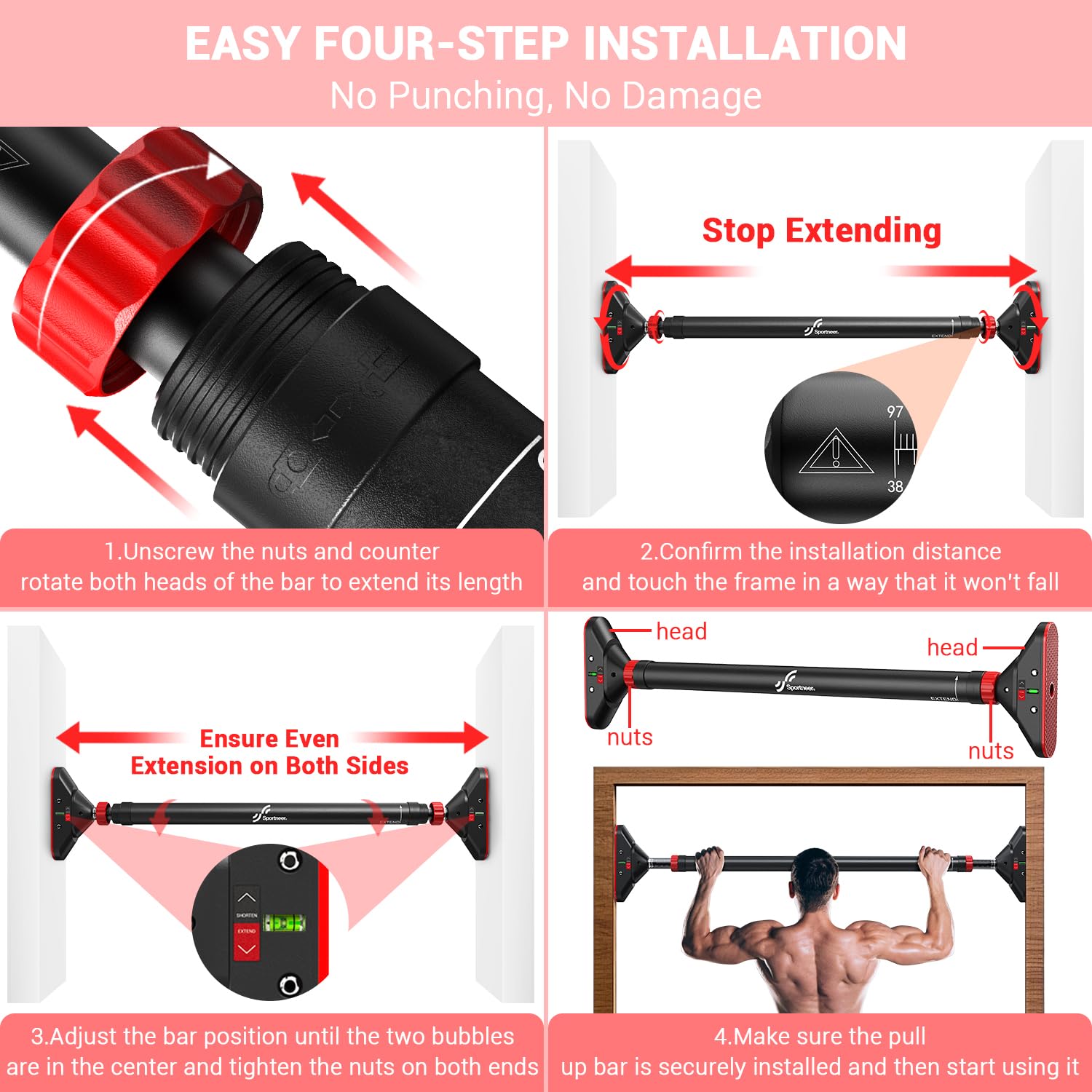 Pull Up Bar For Doorway: Sportneer Strength Training Pull-Up Bars Without Screw - Adjustable Width Locking Mechanism Chin Up Bar