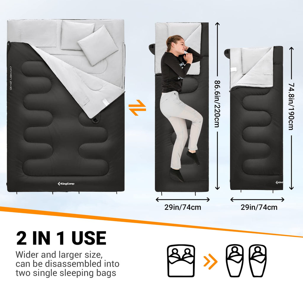 Kingcamp Double Sleeping Bag 2 Person Sleeping Bags For Adults, Lightweight Backpacking 20 Degree Queen Size Sleeping Bag With P