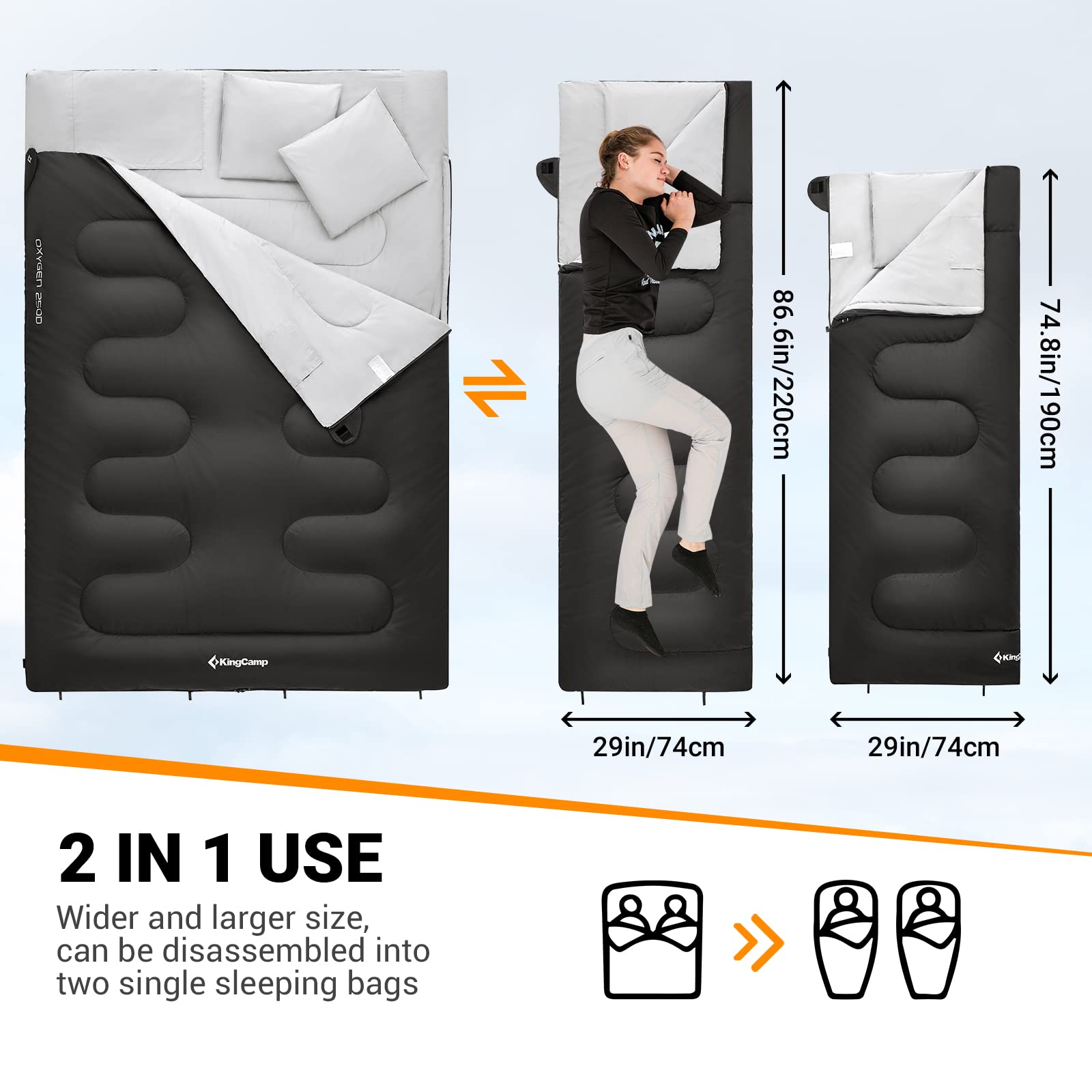 Kingcamp Double Sleeping Bag 2 Person Sleeping Bags For Adults, Lightweight Backpacking 20 Degree Queen Size Sleeping Bag With P