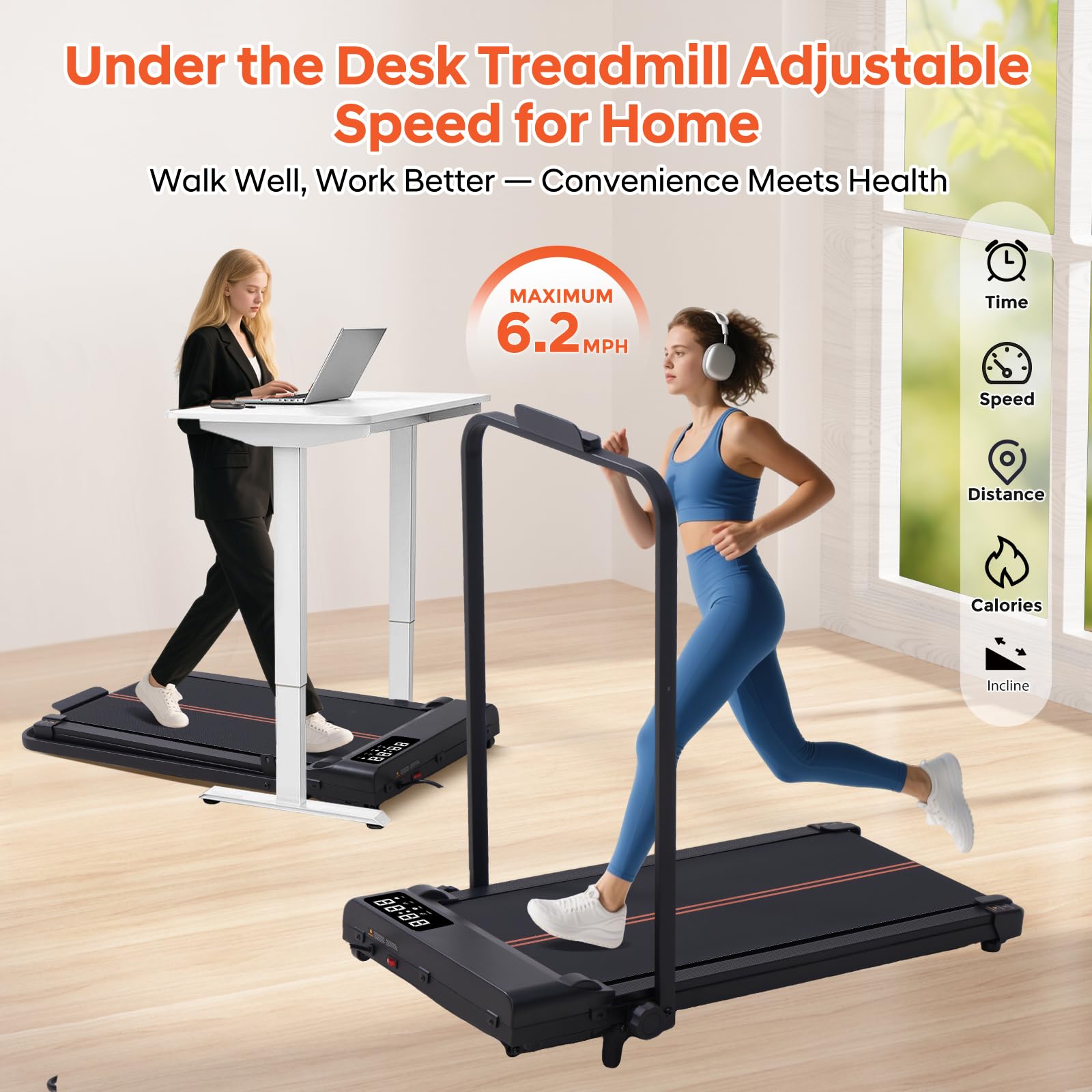 Walking Pad With Handle Bar And Incline, 3.0Hp Portable Small Treadmills With Handles For Home Small Spaces, 0.6-6.2Mph Electric