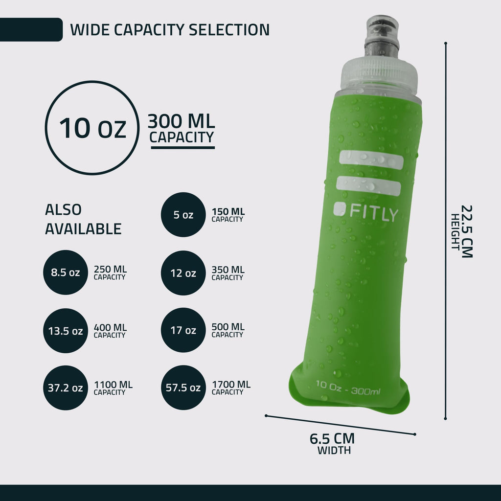FITLY Soft Flask - (300 ml) - Shrink As You Drink Pocket Soft Water Bottle for Hydration Pack/Running Vest - Folding Water Bottl