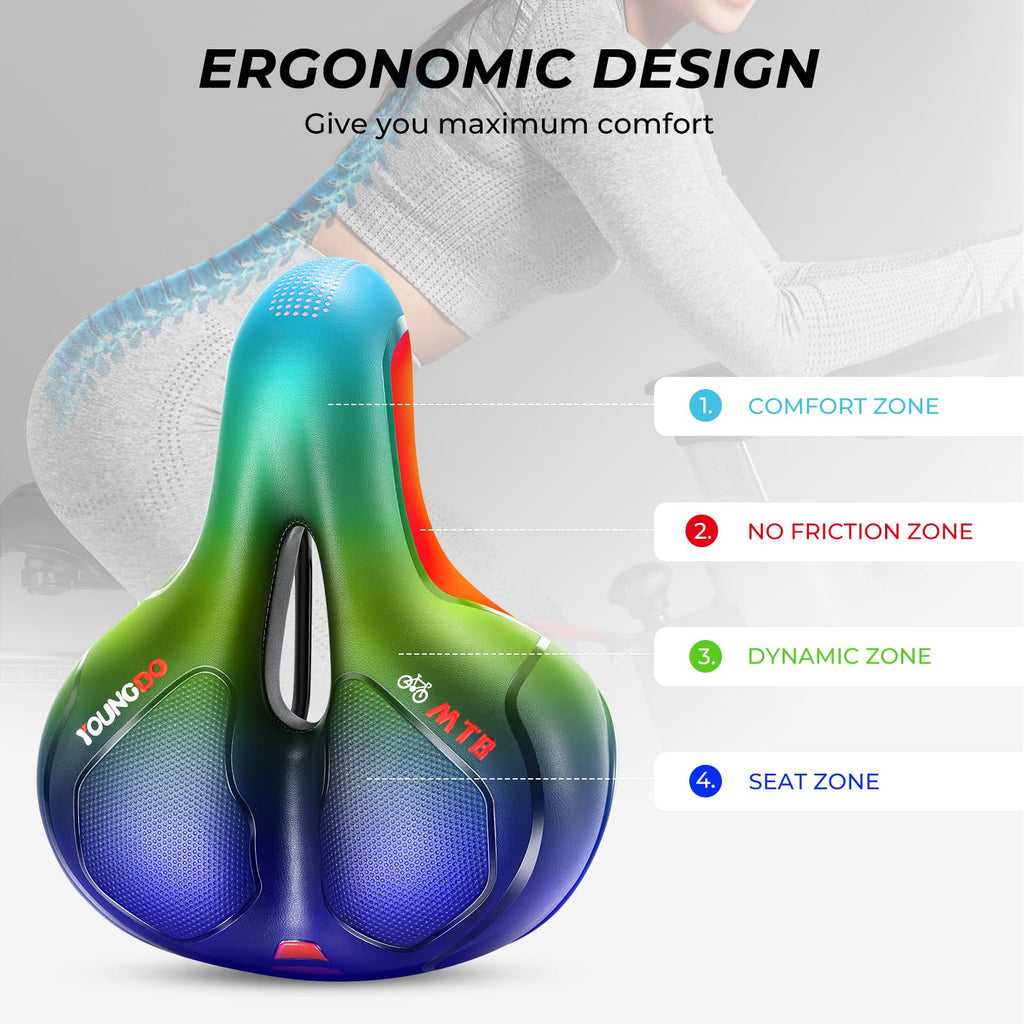 Youngdo Bike Seat - Comfortable Gel Foam Padded Leather Bicycle Seat, Wide Bike Saddle Cushion For Women And Men, Universal Fit,