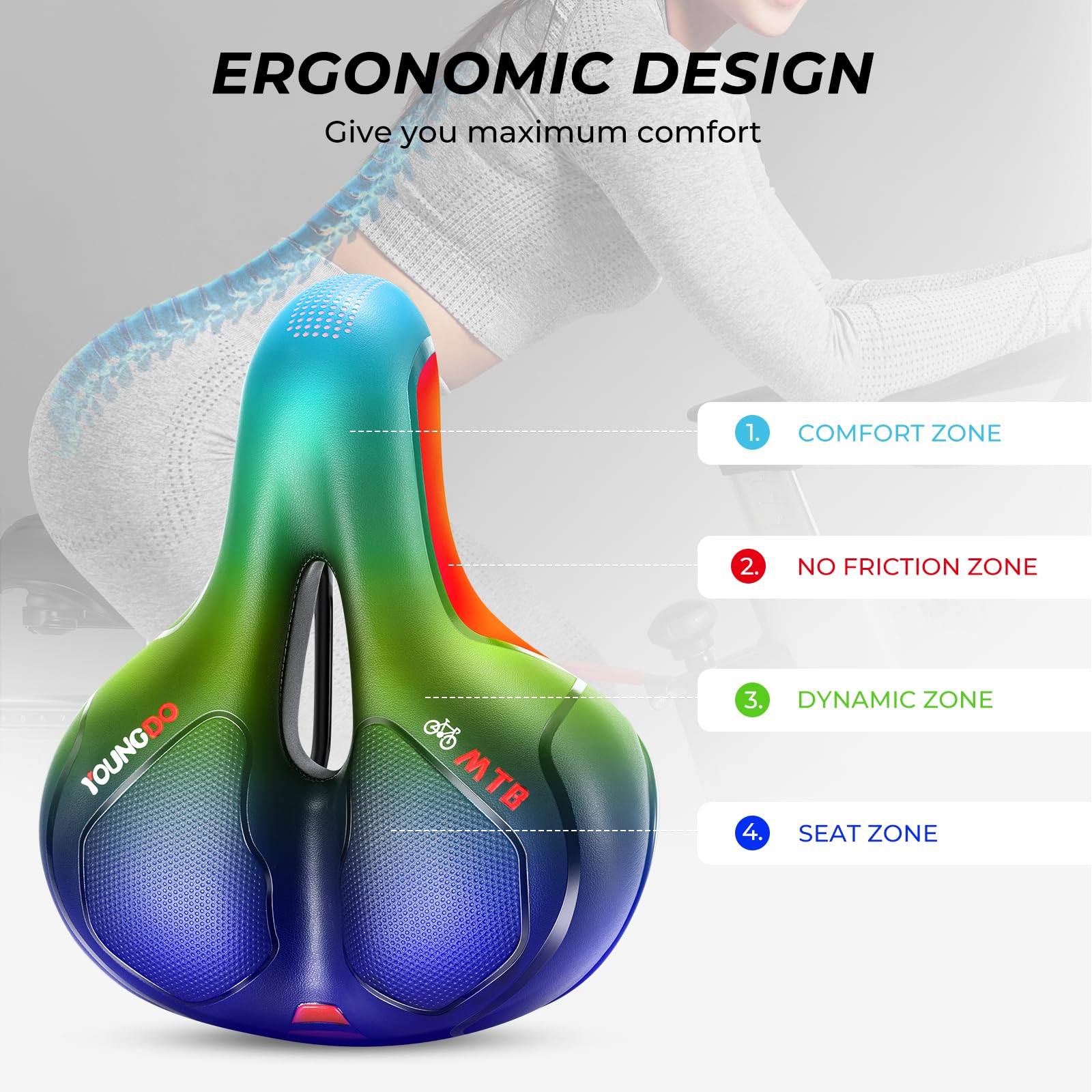 Youngdo Bike Seat - Comfortable Gel Foam Padded Leather Bicycle Seat, Wide Bike Saddle Cushion For Women And Men, Universal Fit,