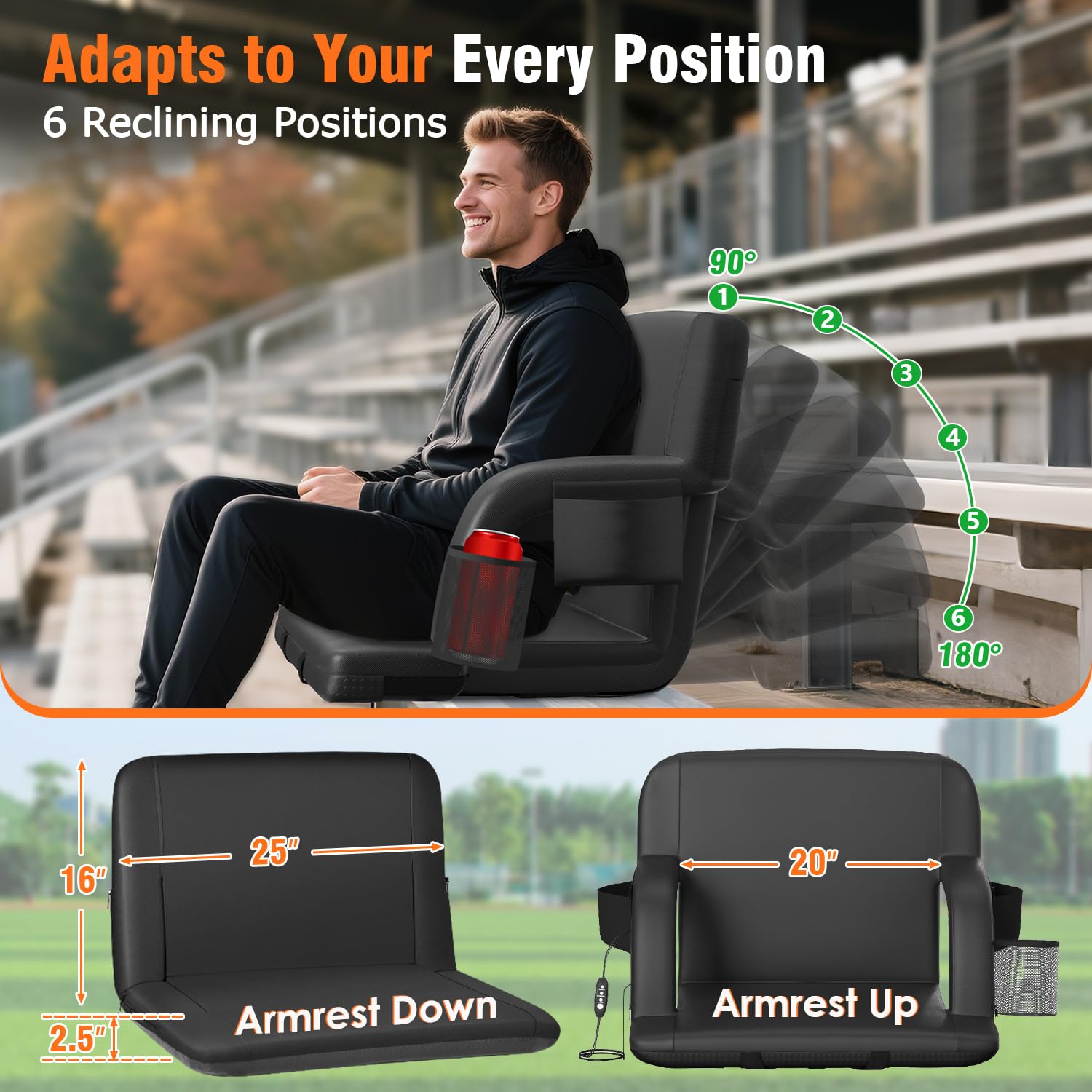 Suteck 2Pc Dual-Side Heated Stadium Seat With Back Support, 25 Wide Cushion, Foldable Bleacher Chair W/Usb 3-Level Heating, 5 St