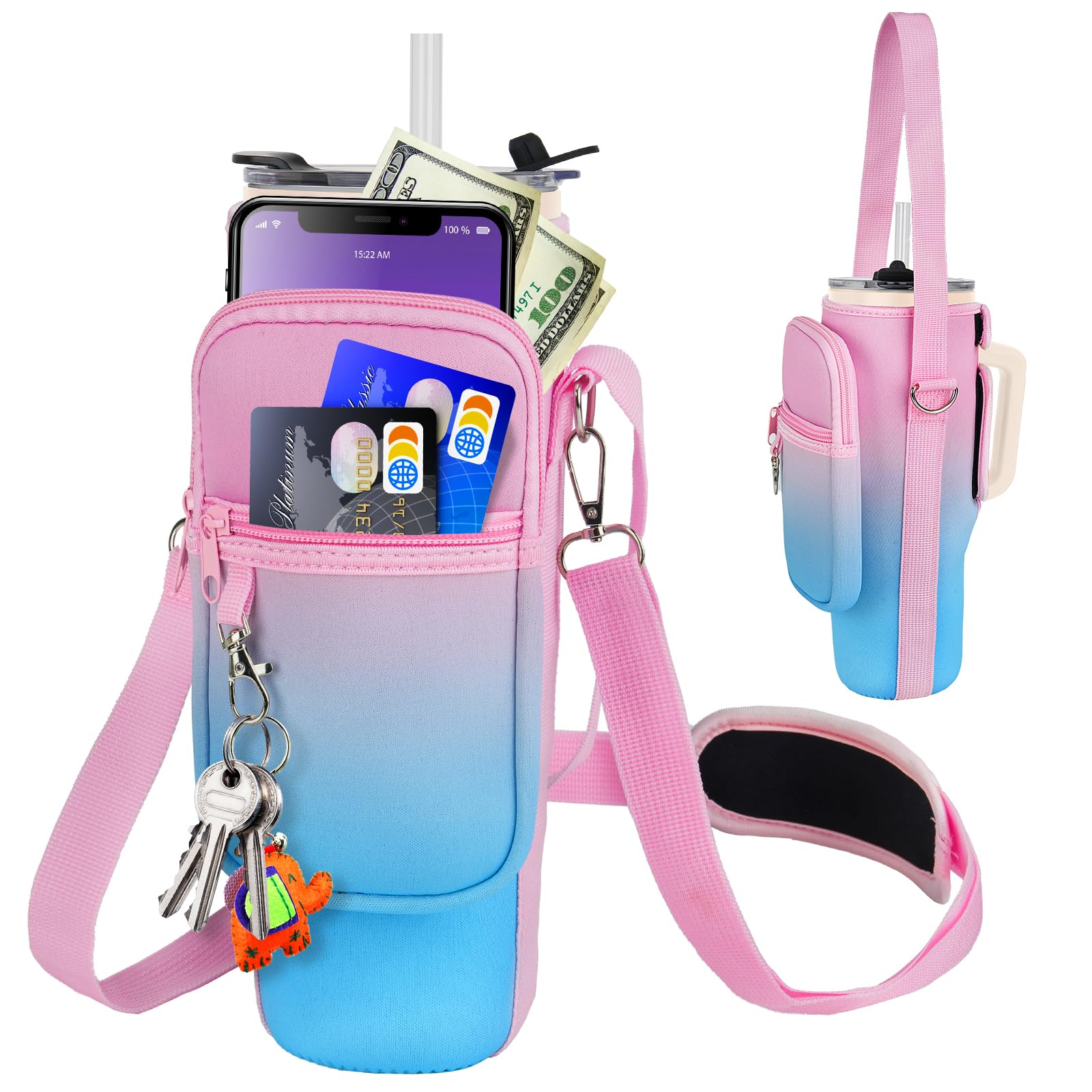 LEFORZ Water Bottle Carrier Bag with Phone Pocket Compatible with Stanley/Meoky 40 oz Tumbler with Handle,Water Bottle Holder Po