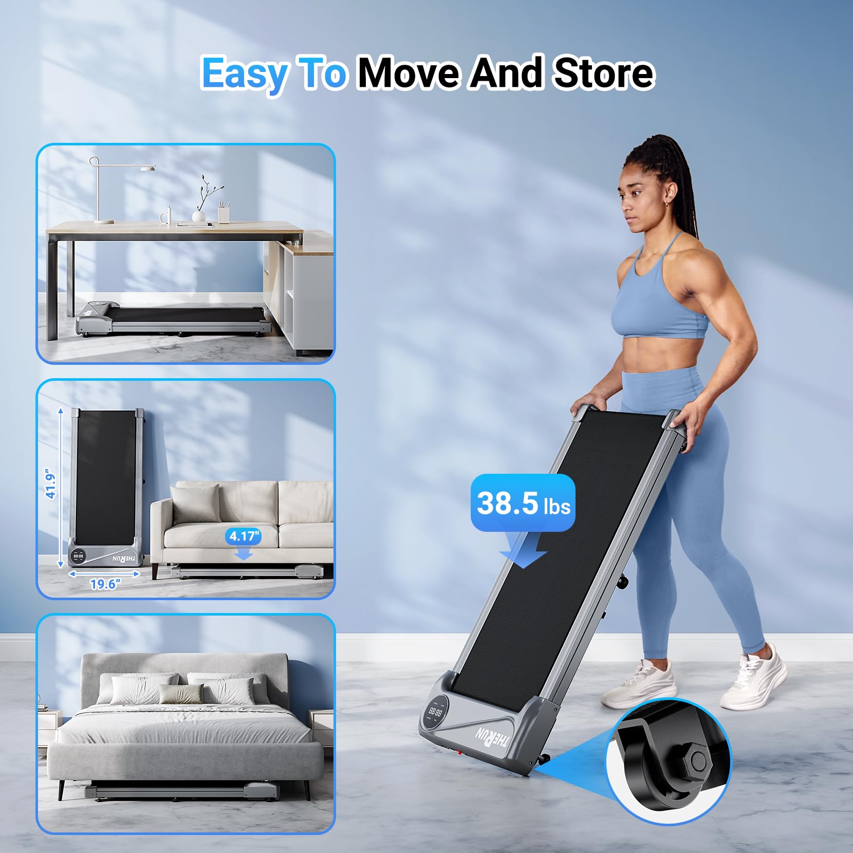 Therun Walking Pad Treadmill Under Desk, Portable Mini Treadmill For Home/Office With 2.5Hp And 265 Lbs Weight Capacity Remote C