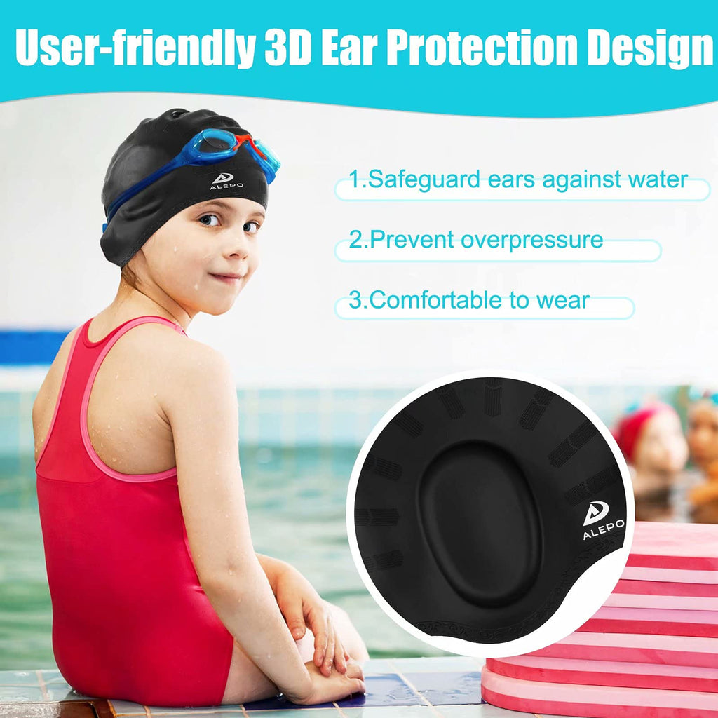 2 Pack Kids Swim Caps For Boys Girls, Durable Silicone Swimming Cap With 3D Ear Pockets For Age 3-15 Toddler Child Youth Teen, U