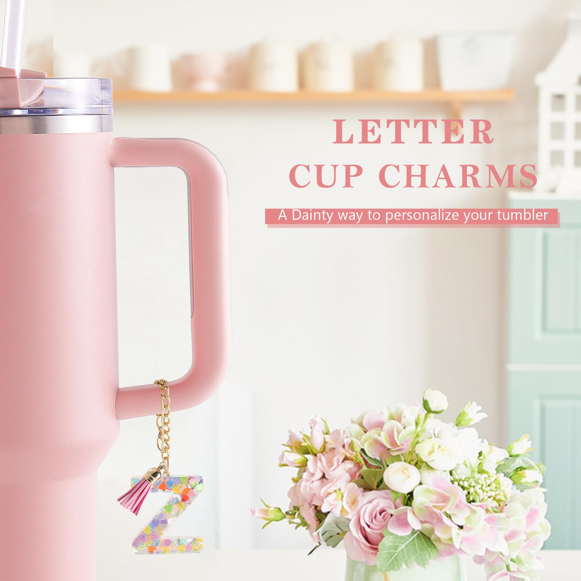 Letter Charm Accessories for Stanley Cup 1 PCS Cute Initial Keychain Handle Charm for Stanley Tumbler for Women Pink Letter Z