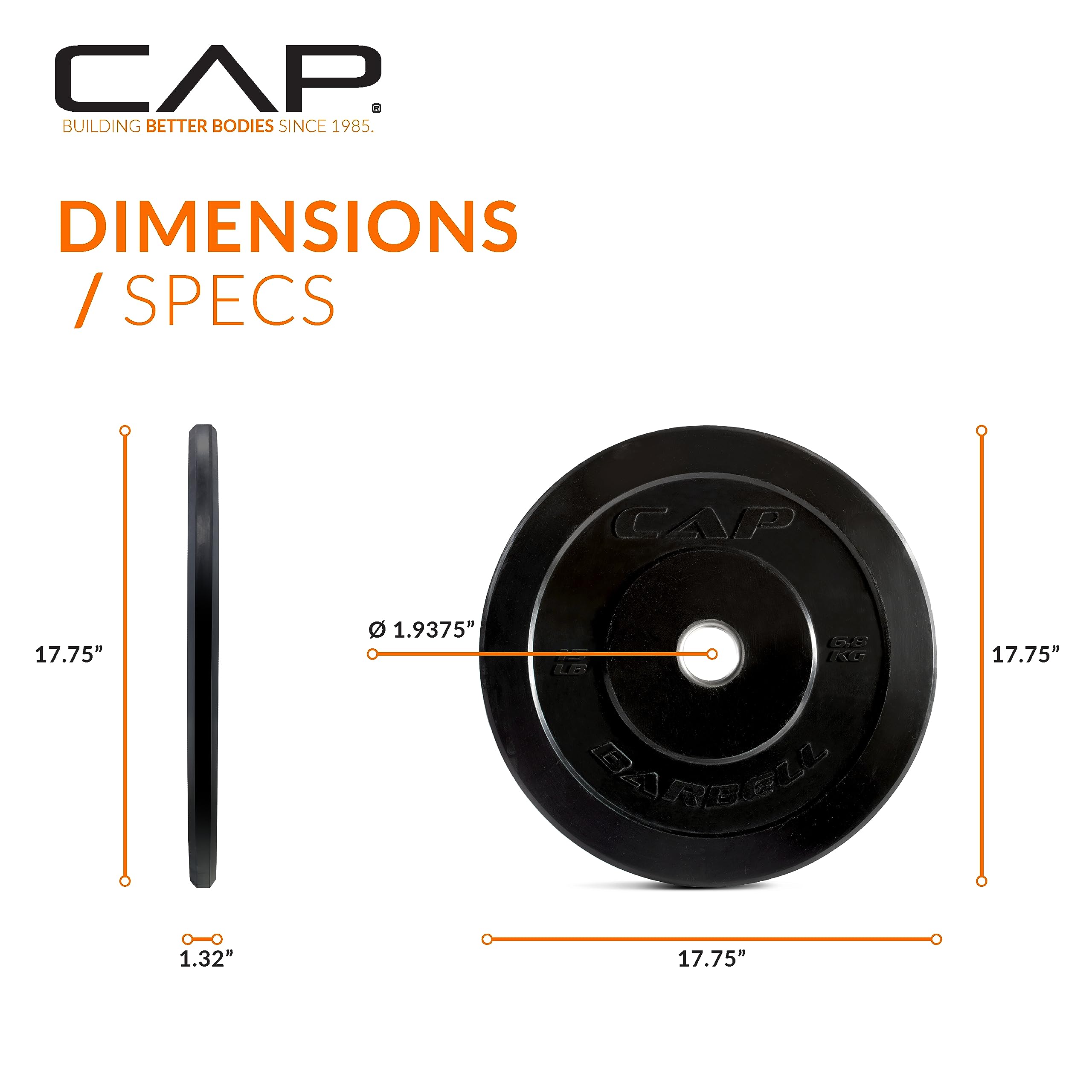 Cap Barbell Better Olympic Bumper Plate Set, Black, 15 Lb Pair