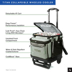 Titan Deep Freeze 60 (50+10) Can Wheeled Cooler - Collapsible Rolling Cooler with Wheels and All-Terrain Cart, Seagrass