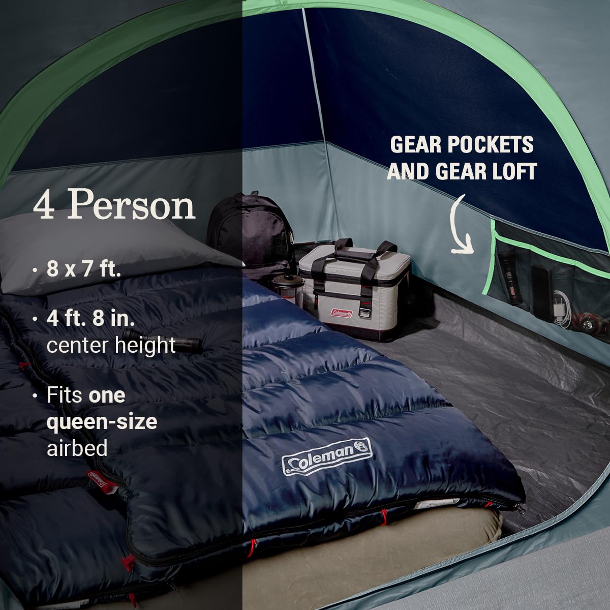 Coleman Skydome Tent With Led Lights, Weatherproof 4-Person Tent With Overhead Lighting Sets Up In 5 Mins, Made Of Pfas-Free Mat