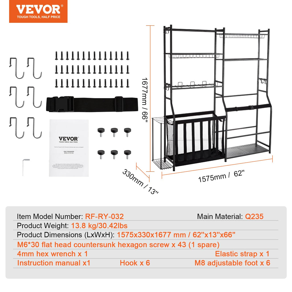 Vevor Golf Storage Garage Organizer, 2 Golf Bag Storage Stand Holder And Other Sports Equipment Storage Rack, Outdoor Steel Ball