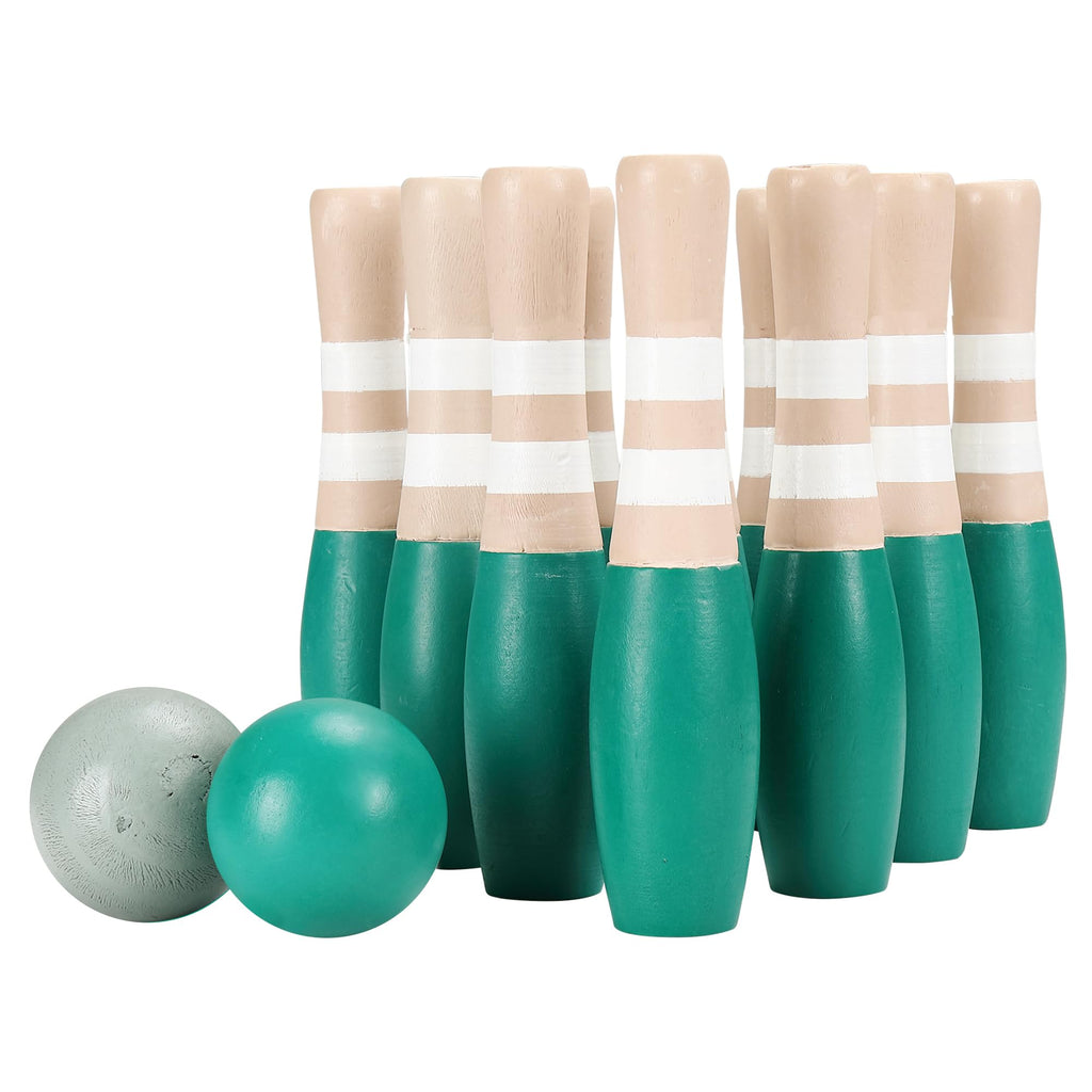 Sterling Sports Wooden Lawn Bowling 9'' Skittles Set With Carrying Mesh Bag For Indoors And Outdoors - 10 Wooden Pins And 2 Ball