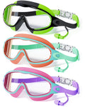 CMBJJU 3 Pack Swimming Goggles, Kid Goggles with Earplugs Large Frame Anti-Fog/UV Wide View Swim Goggles Boys Girls 4-12 (3PACK-