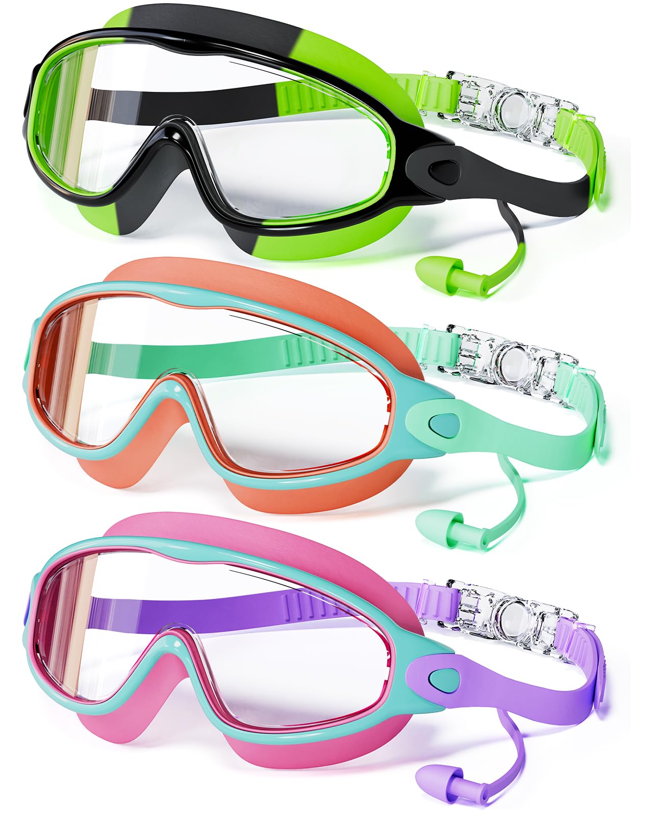 CMBJJU 3 Pack Swimming Goggles, Kid Goggles with Earplugs Large Frame Anti-Fog/UV Wide View Swim Goggles Boys Girls 4-12 (3PACK-
