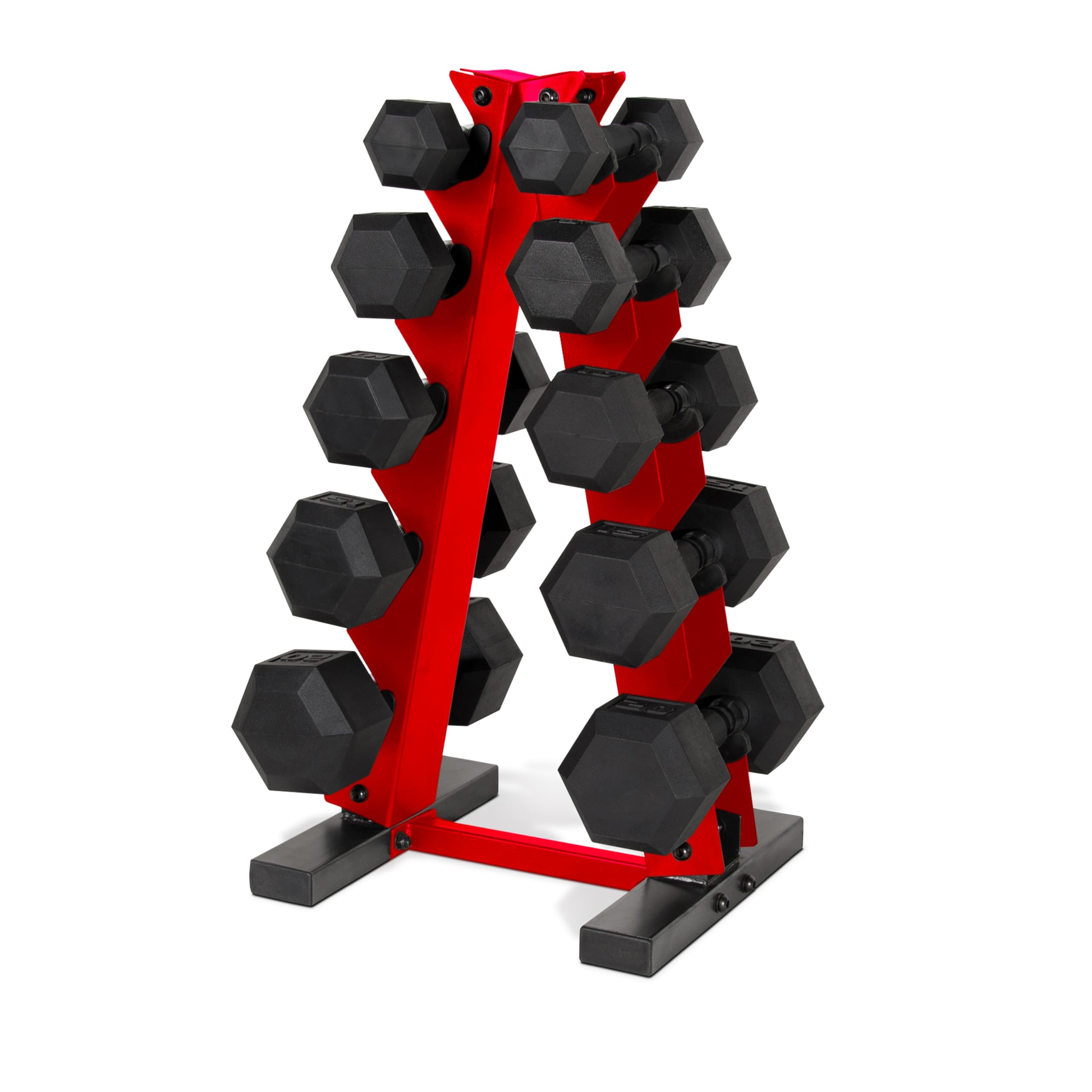 CAP Barbell 150 LB Black Handle Coated Hex Dumbbell Set with Vertical Red Rack