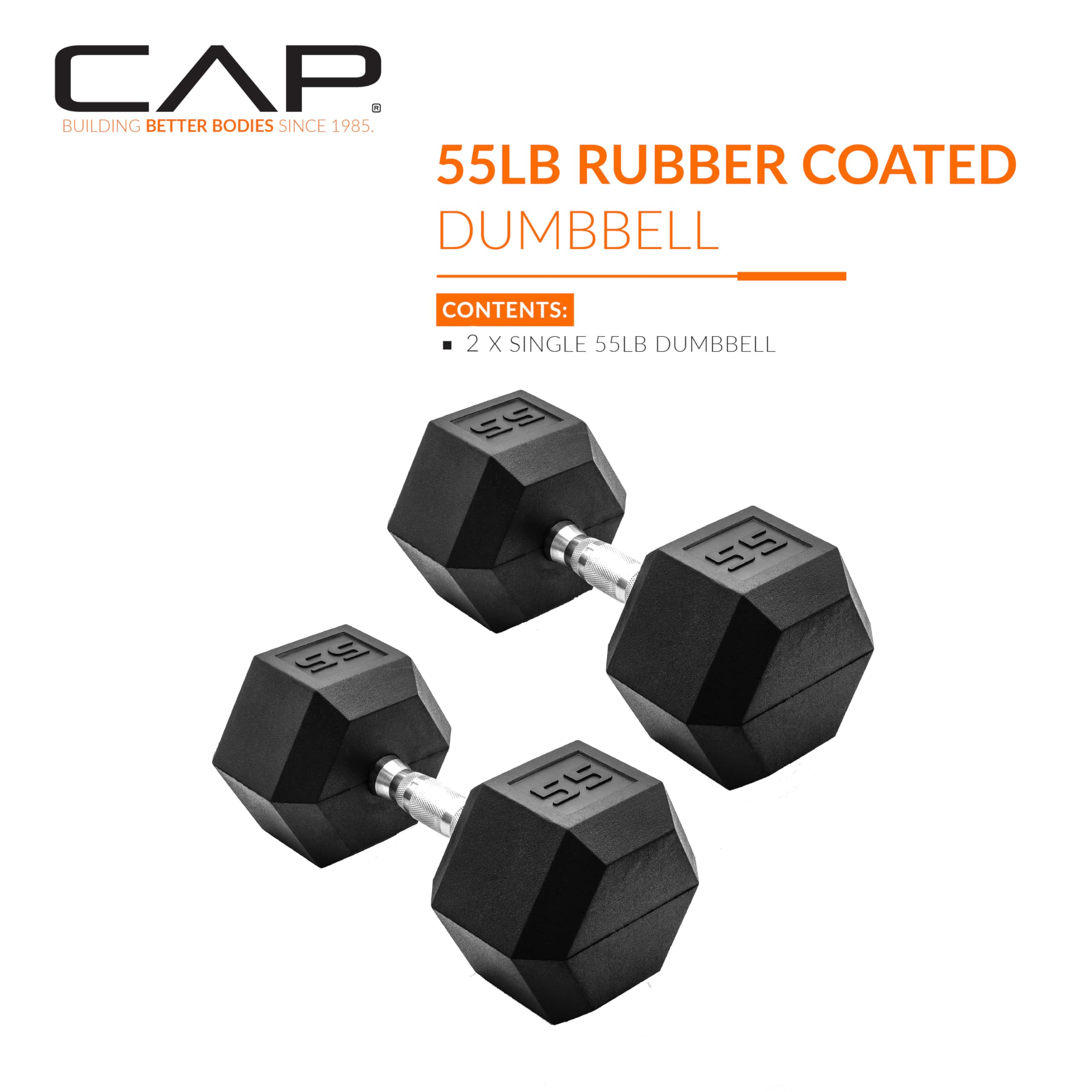 CAP Barbell 55 LB Rubber Coated Hex Dumbbell Hand Weight - Pair | Chrome Handle