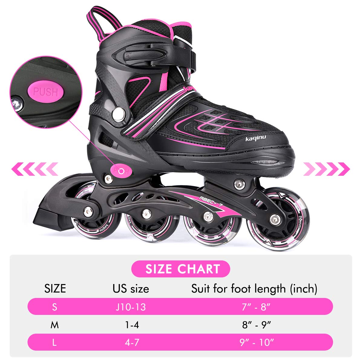 Kaqinu Adjustable Inline Skates, Outdoor Inline Skates With Full Illuminating Wheels For Women, Kids, Girls And Boys (Pink, S)
