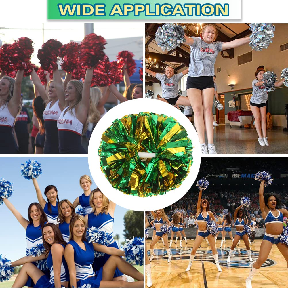 Lovecheer 2Pcs Pom Poms Cheerleading Green And Gold Metallic Cheer Pom Poms With Baton Handle For Sports Team Spirit Party Cheer