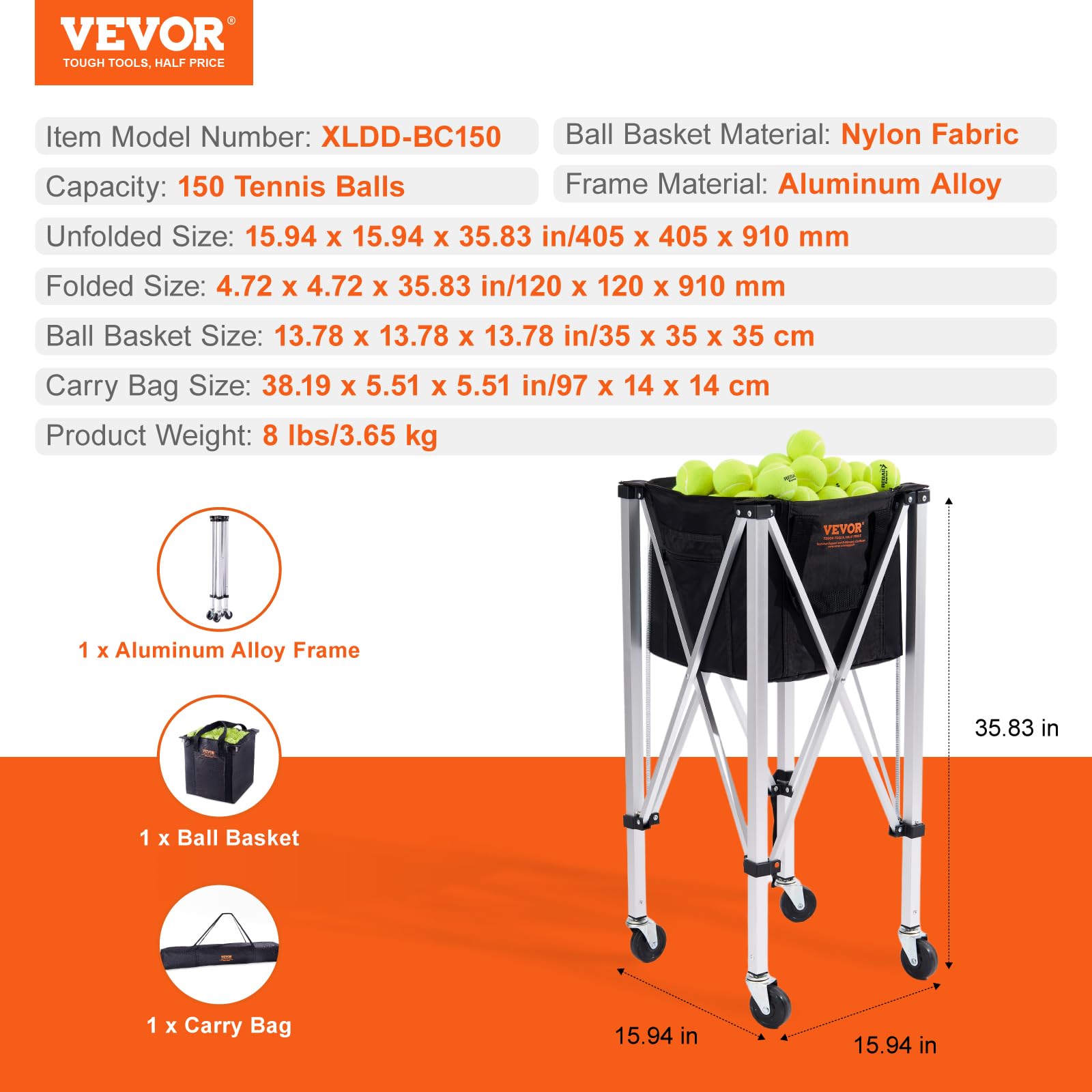 Vevor Foldable Tennis Ball Hopper, Holds 150 Tennis Balls, Lightweight Aluminum Alloy Tennis Ball Basket Cart With Wheels, Remov
