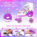 Girls Roller Skates For Big Kids Ages6-12 7 8 9 10, 4 Size Adjustable Rainbow Quad Skates With All Light Up Wheels - Best Birthd