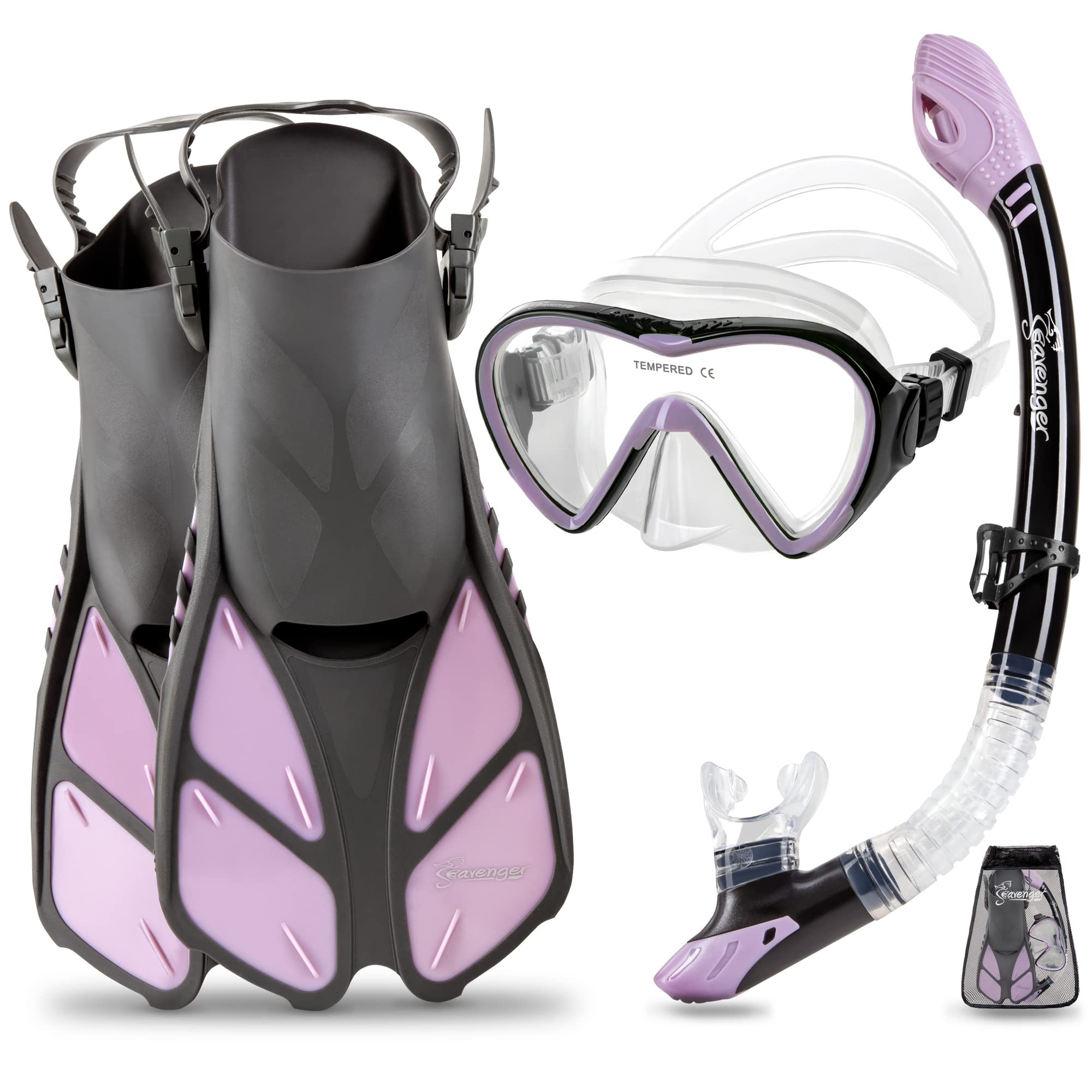 Seavenger Diving Dry Top Snorkel Set With Trek Fin, Single Lens Mask And Gear Bag, S/M - Size 4.5 To 8.5, Gray/Lavender