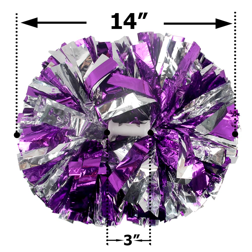 Hooshing 2Pcs Cheerleading Pom Poms Metallic Purple And Silver Cheer Pompoms With Baton Handle For Team Spirit Sports Dance Chee