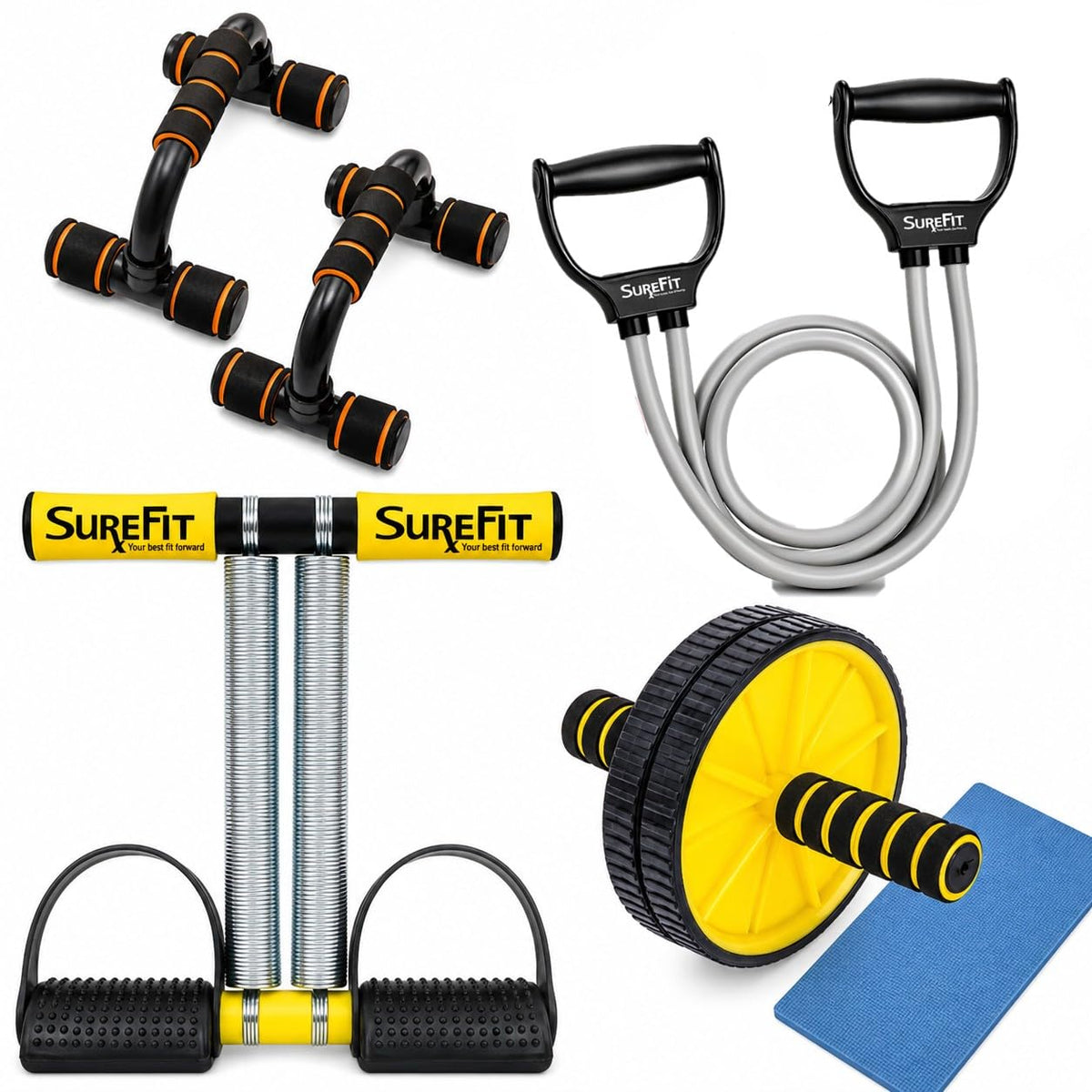 SUREFIT Double Spring Tummy Trimmer, Resistance Toning Tube, Ab Roller & PushUp Bar 4in1 Home Gym Combo Full Body Fitness Kit