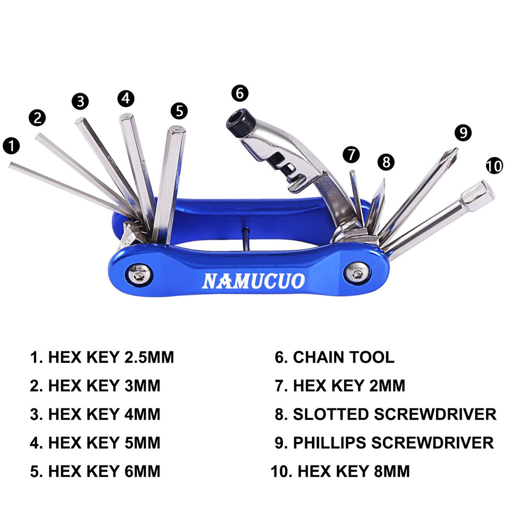 Ybeki Bike Repair Tool Kits - Bicycle Tool Set With Saddle Bag And Bicycle Multi-Tool Chain Tool (Blue Tool Kits 10 In 1 + Bag)