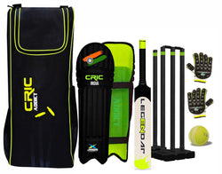 jaspo CricAddict Legender Cricket Set for Kids, Kit with legguards,Gloves,Bag,Ball,4stumps,2stands,2bails & a Strong Plastic ba