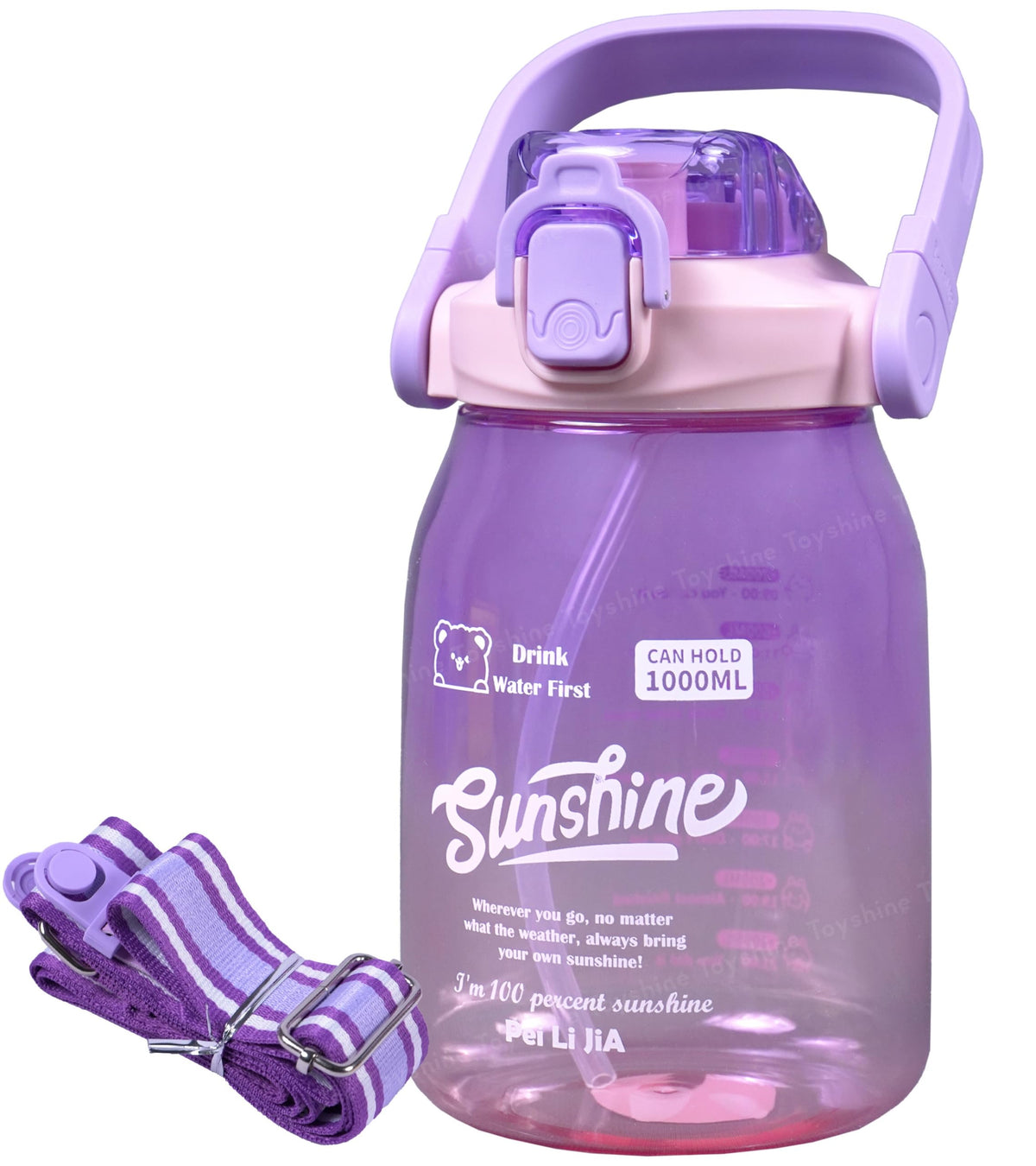 Toyshine 1000ml Tritan LeakProof BPA Free Large Capacity Anti Spill Big Belly Portable Handle and strap Water Bottle with Straw