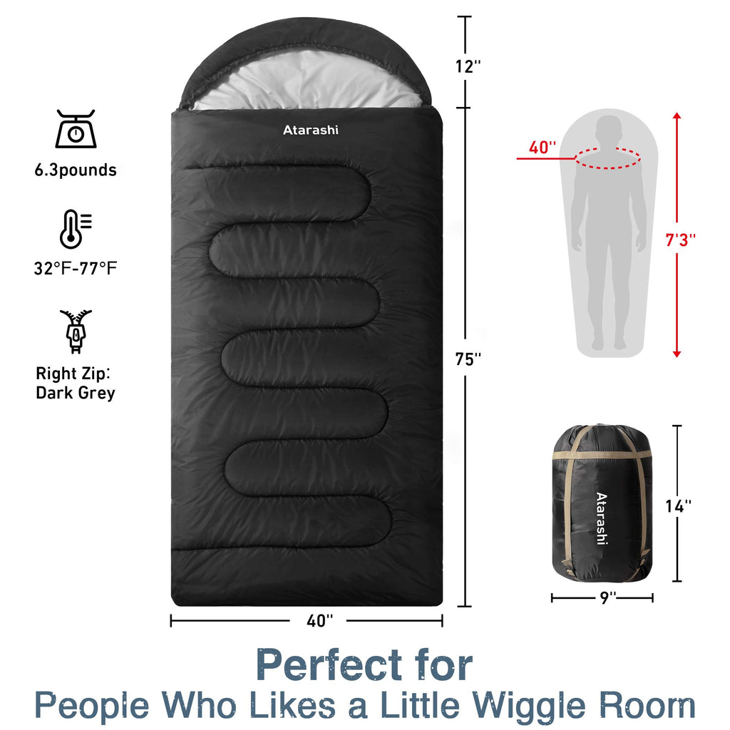 Atarashi Wide Size Camping Sleeping Bag- 4 Seasons For Adults, Light, Warm, Extra-Large With Compression Sack- Great For Hiking,