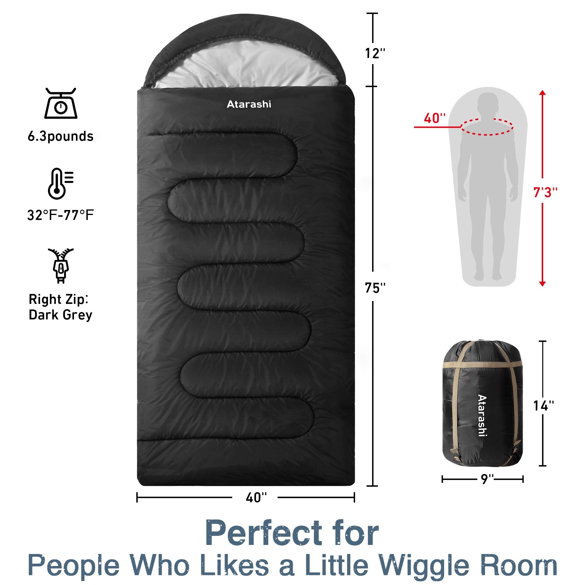Atarashi Wide Size Camping Sleeping Bag- 4 Seasons For Adults, Light, Warm, Extra-Large With Compression Sack- Great For Hiking,