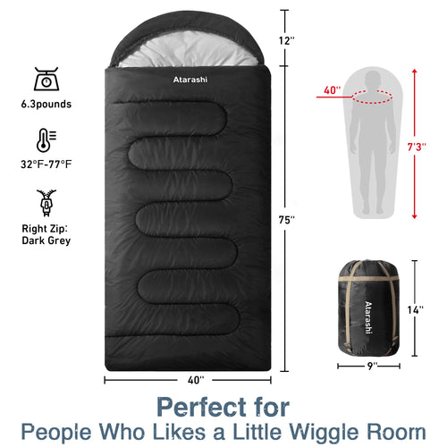 Atarashi Wide Size Camping Sleeping Bag- 4 Seasons For Adults, Light, Warm, Extra-Large With Compression Sack- Great For Hiking,