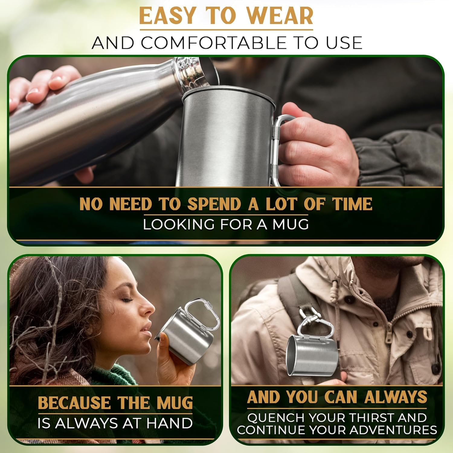 Vikrom Stainless Steel Camping Mug With Carabiner - 13.5 Oz Rock Climbing Metal Coffee Mug With Handle Camping Mugs