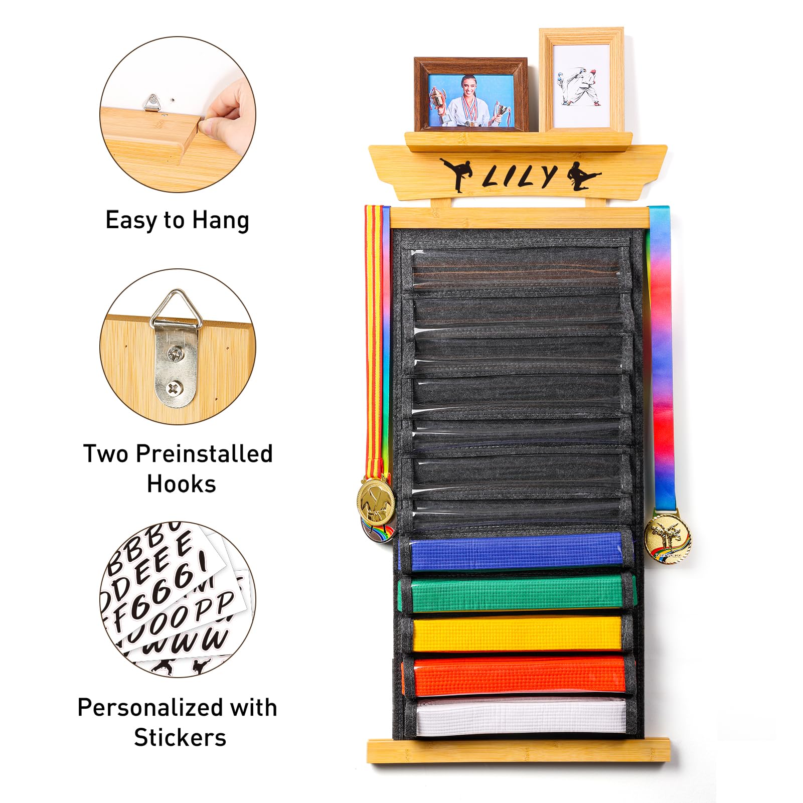 Tilhumt 12 Belts Karate Belt Display Rack With Photo Shelf, Felt Taekwondo Belt Display Holder Martial Arts Belt Display For Kid