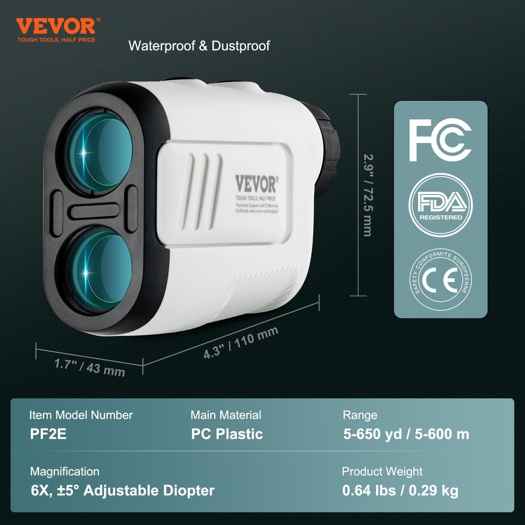 Vevor Golf Rangefinder, 650 Yards Laser Golfing Hunting Range Finder, 6X Magnification Distance Measuring, Golfing Accessory Wit