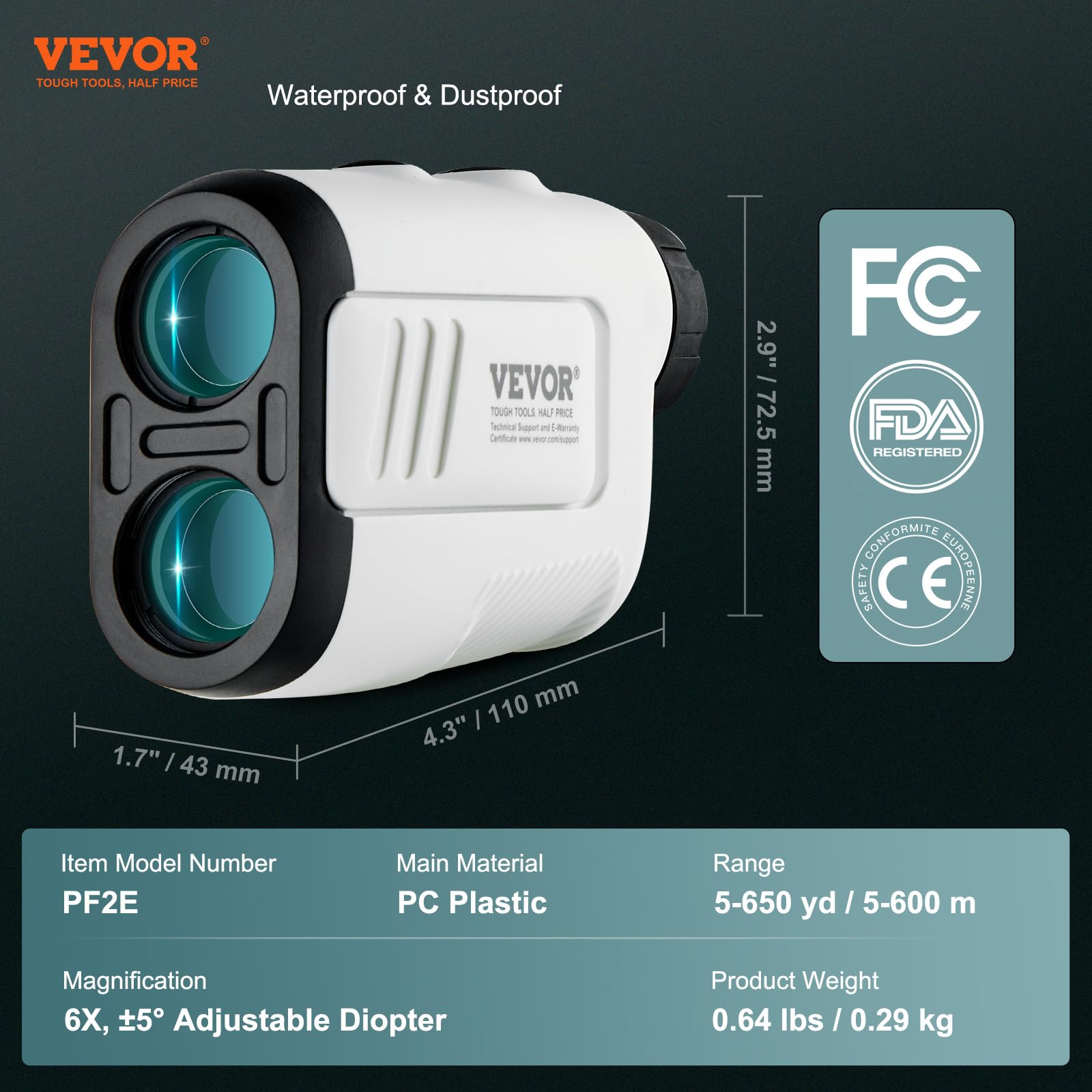 Vevor Golf Rangefinder, 650 Yards Laser Golfing Hunting Range Finder, 6X Magnification Distance Measuring, Golfing Accessory Wit