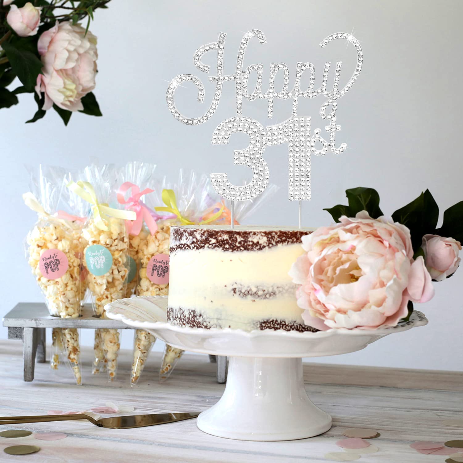 Lingteer Happy 31St Birthday Silver Rhinestone Cake Topper - Cheers To 31St Birthday 31 Years Old Anniversary Party Cake Centerp
