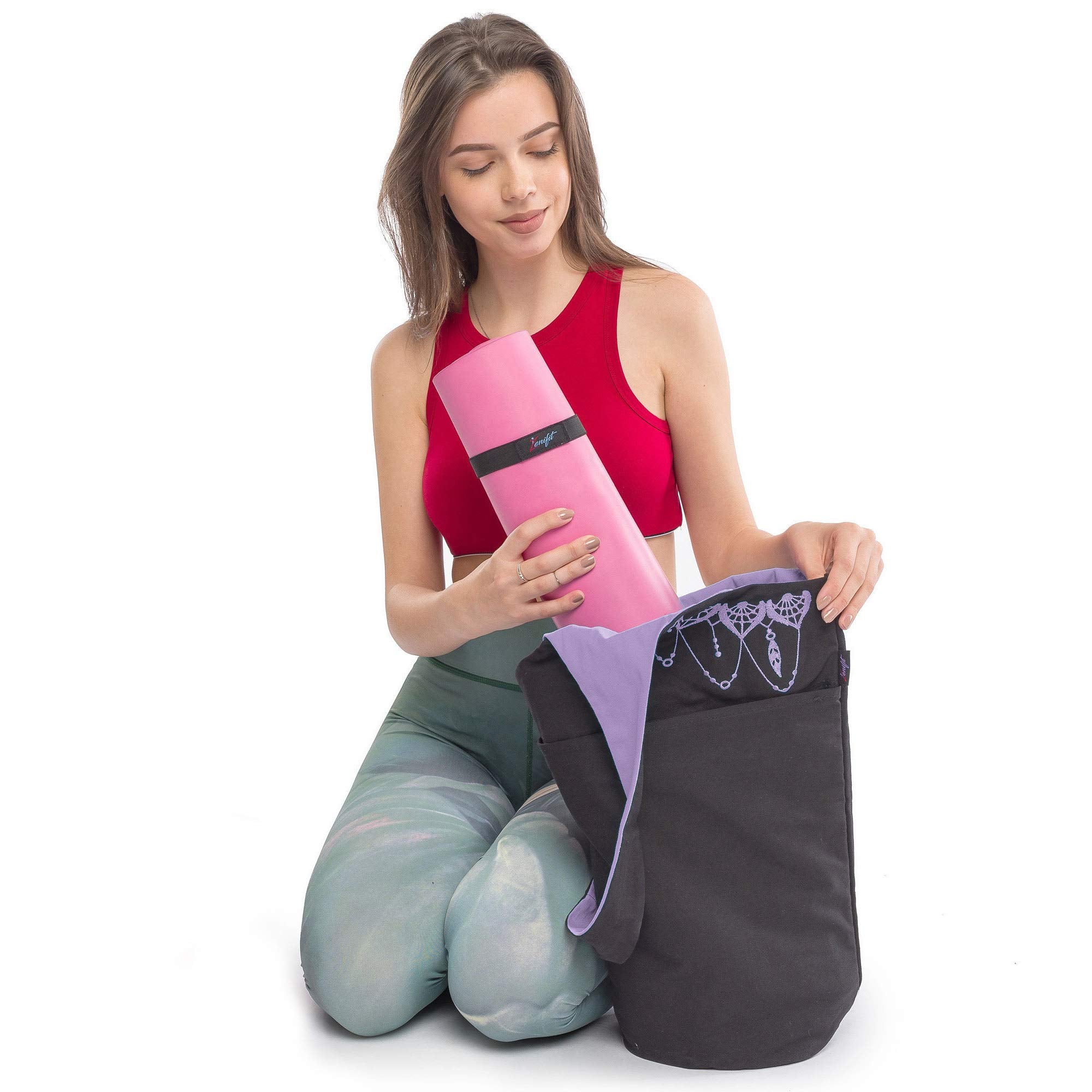 Zenifit Yoga Mat Bag - Long Tote With Pockets - Holds More Yoga Accessories. Cute Yoga Mat Holder With Bonus Yoga Mat Strap Elas