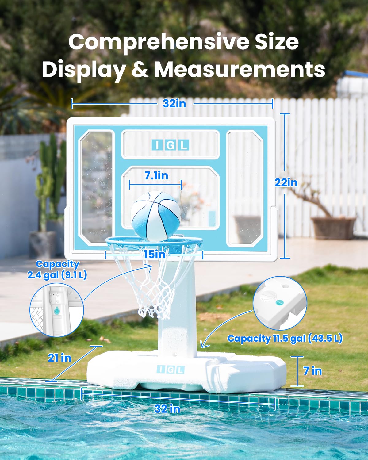 Igl Dunksplash Elite Pool Basketball Hoop, Swimming Pool Basketball Hoop Poolside With 32 In Pc Backboard, Stainless Steel Rim P