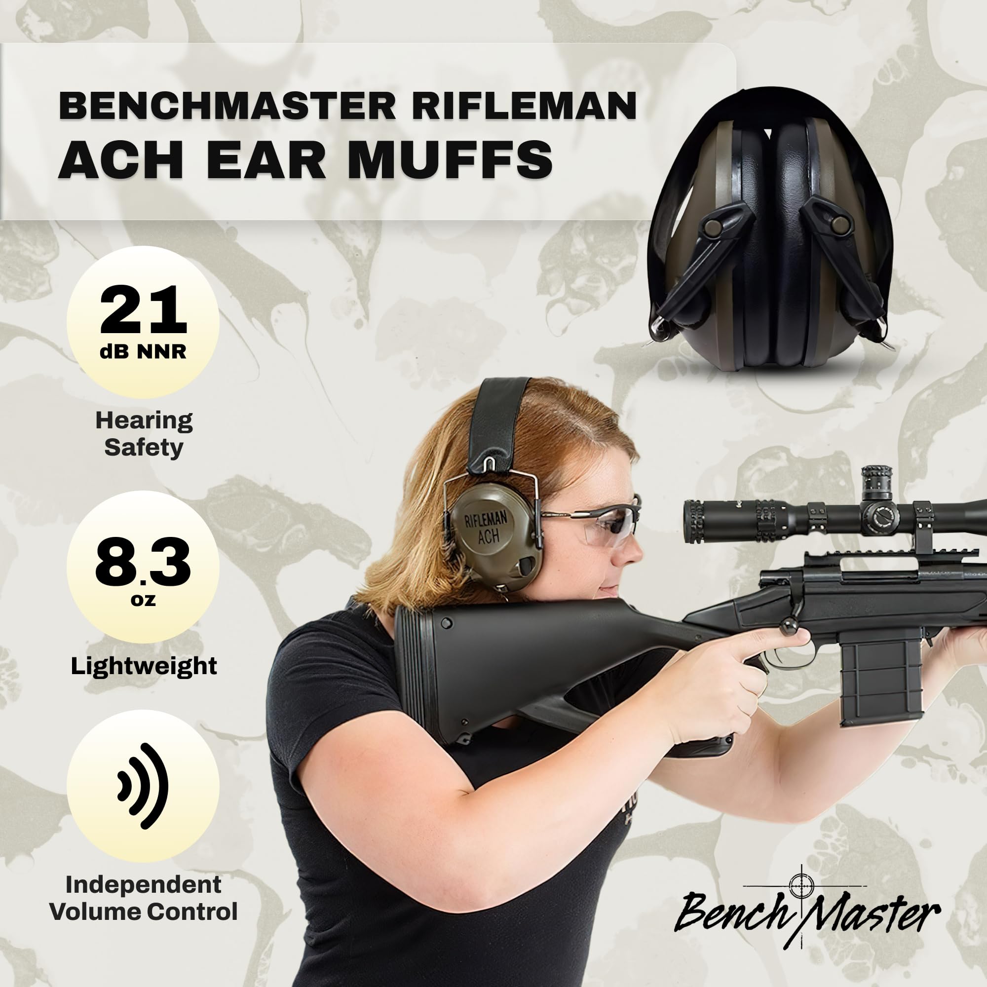 Benchmaster Rifleman Ach Headphones, Shooting Ear Protection, 21 Db, Situational Awareness, Noise Canceling Headphone, Hunting A