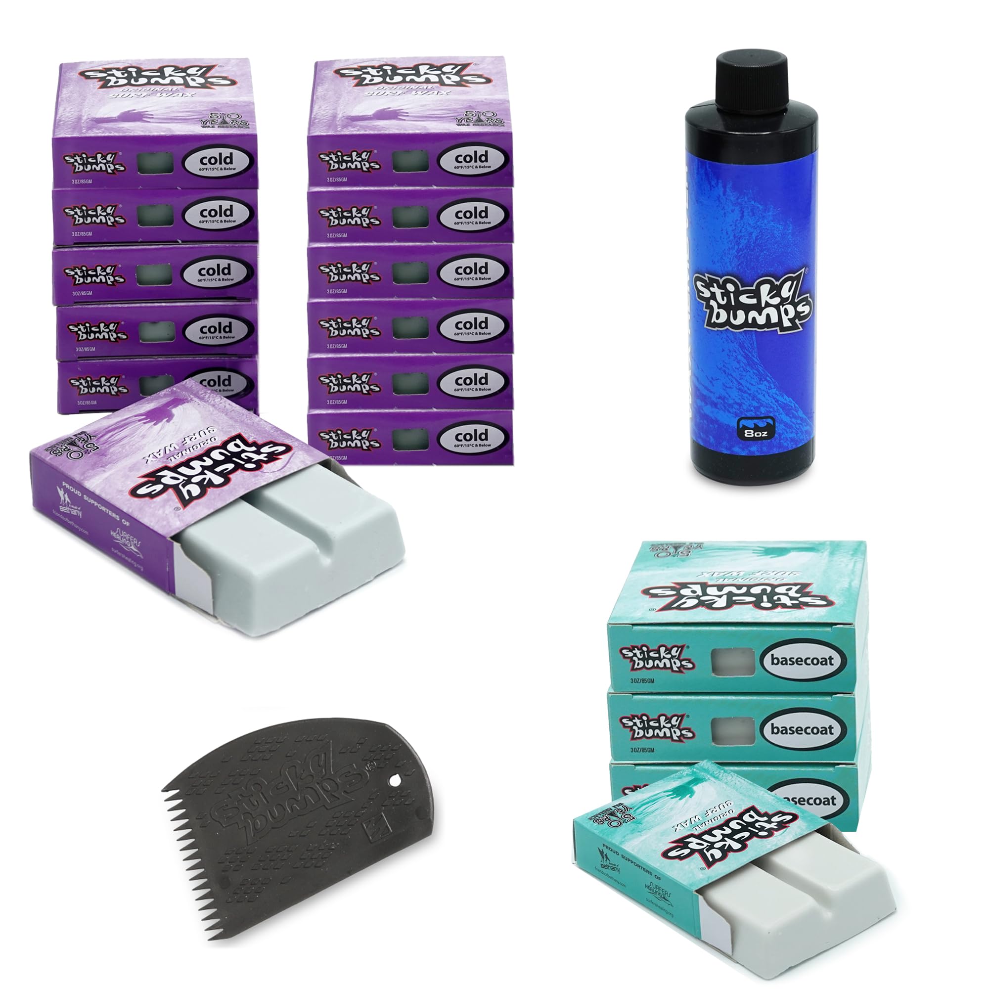 Sticky Bumps Original Surf Wax Bundle | 85g - 4 Pack Basecoat (All-Temp) + 12 Pack Cold (60F / 15C) + wax comb + wax remover | L