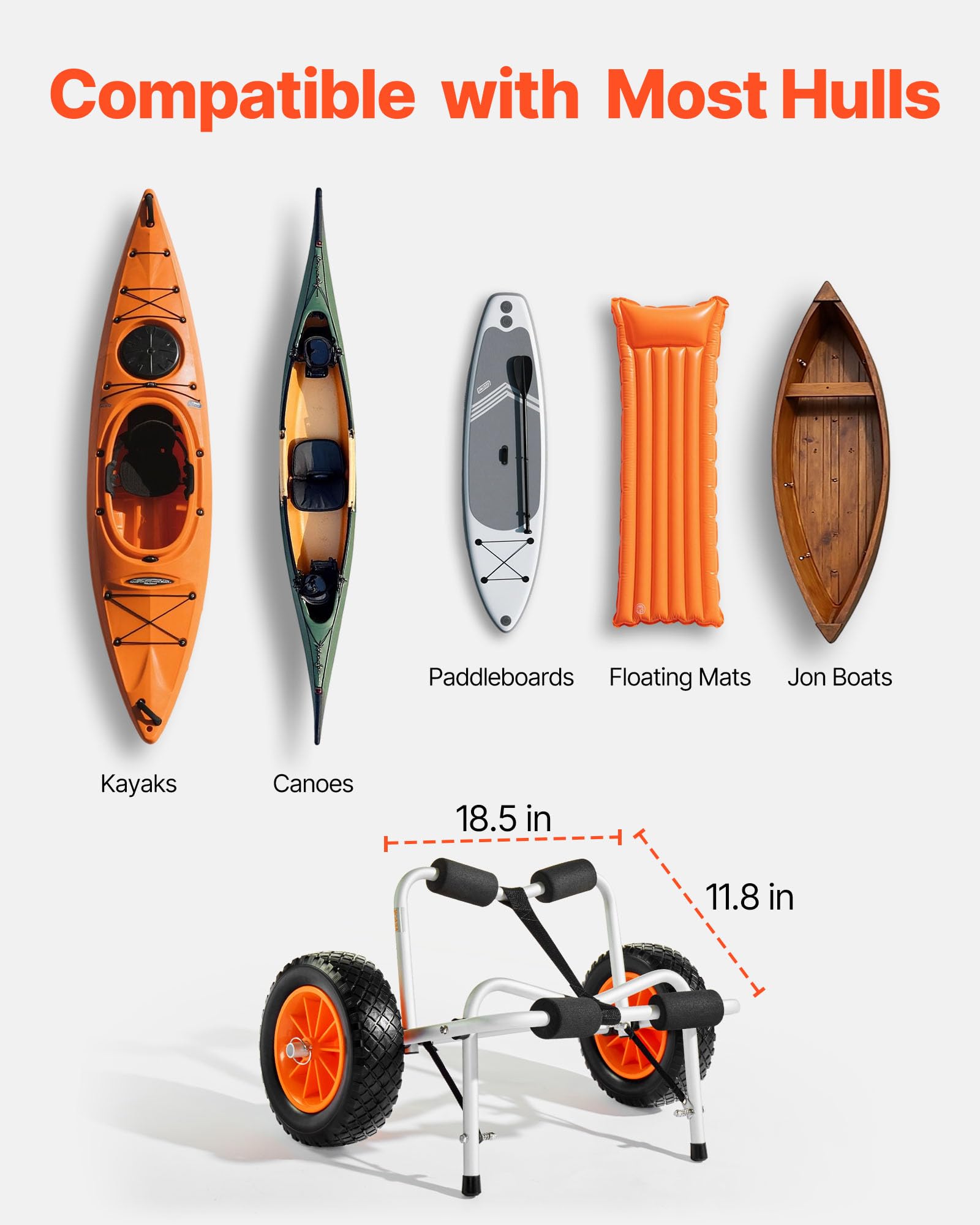 VEVOR Kayak Cart, 250 lbs Load Capacity, Foldable Kayak Trolley with 10-inch Solid Rubber Tires & 1 Ratchet Strap, Paddle Board